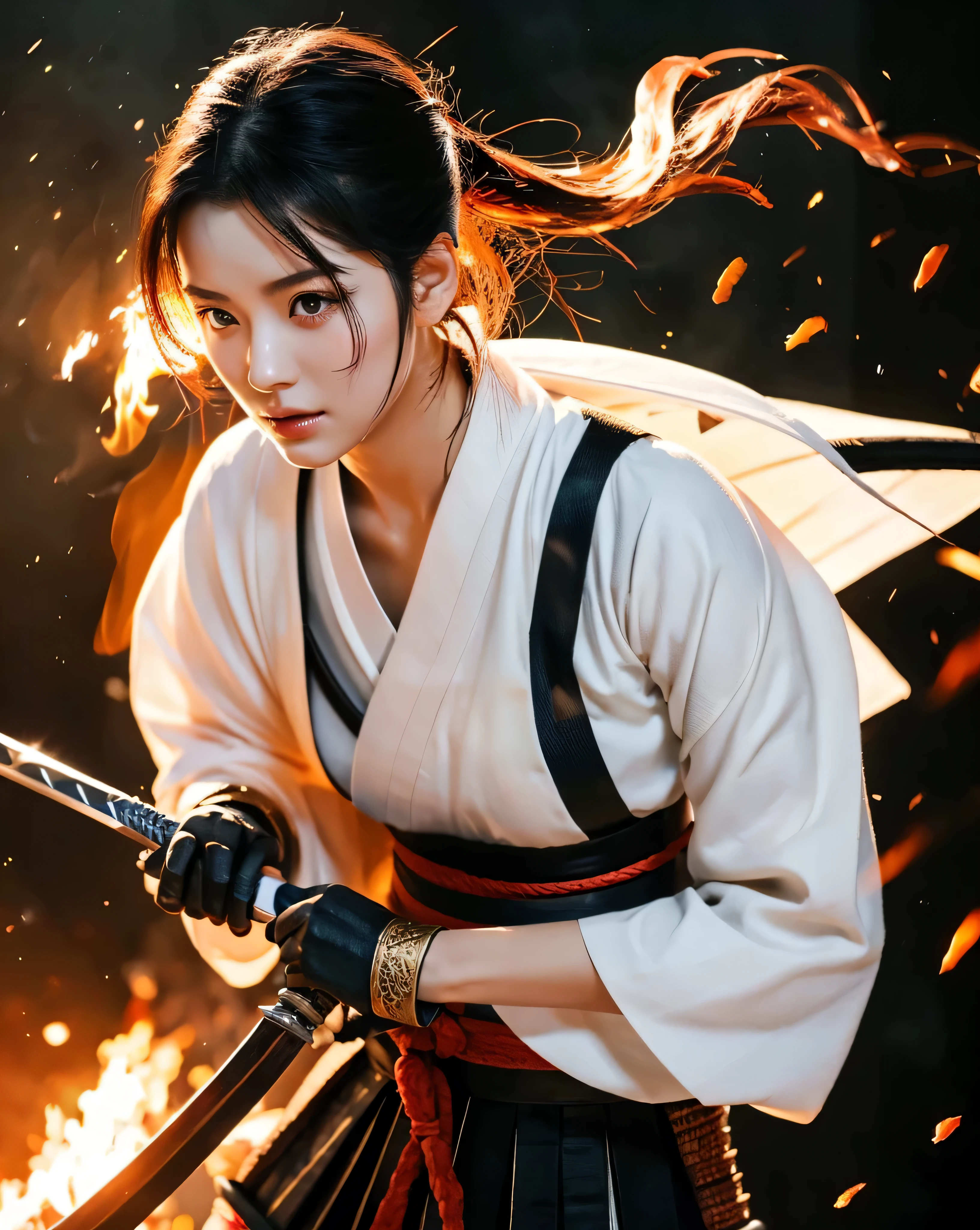 beautiful japanese woman Japan have a sword Natural makeup swordsman white kimono samurai Detailed and intricately colored black hair ponytail smooth and beautiful skin Detailed and beautiful eyes (burning battlefield:1.5) shrine Special Move professional lighting Professional photographer