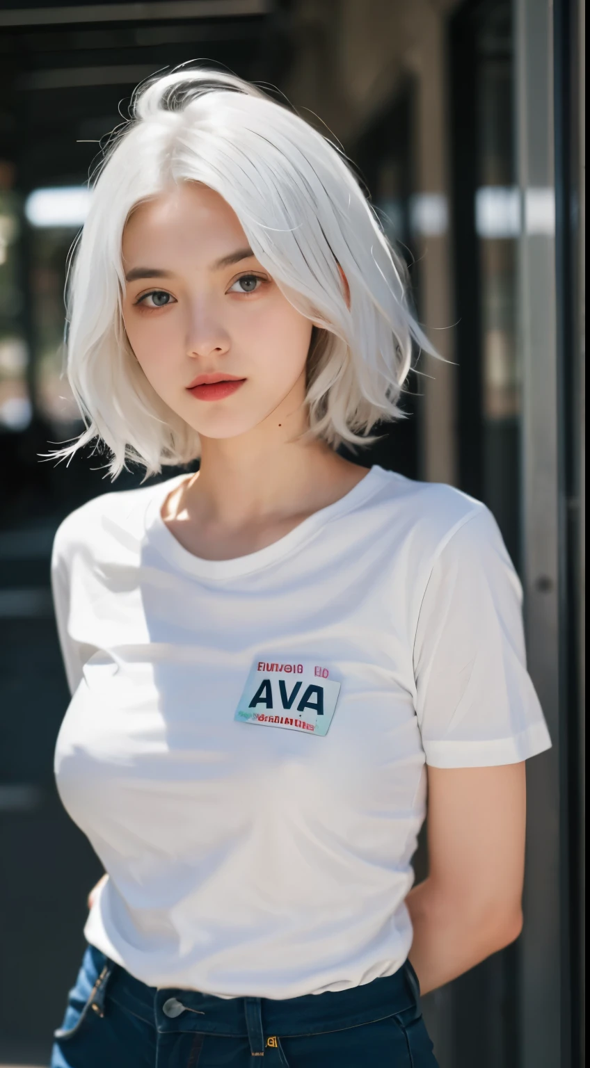 16 year old , European, white hair, medium breasts, big eyes, amputated arms, missing both arms, ray tracing, HDR , name tag AVA written on the shirt 