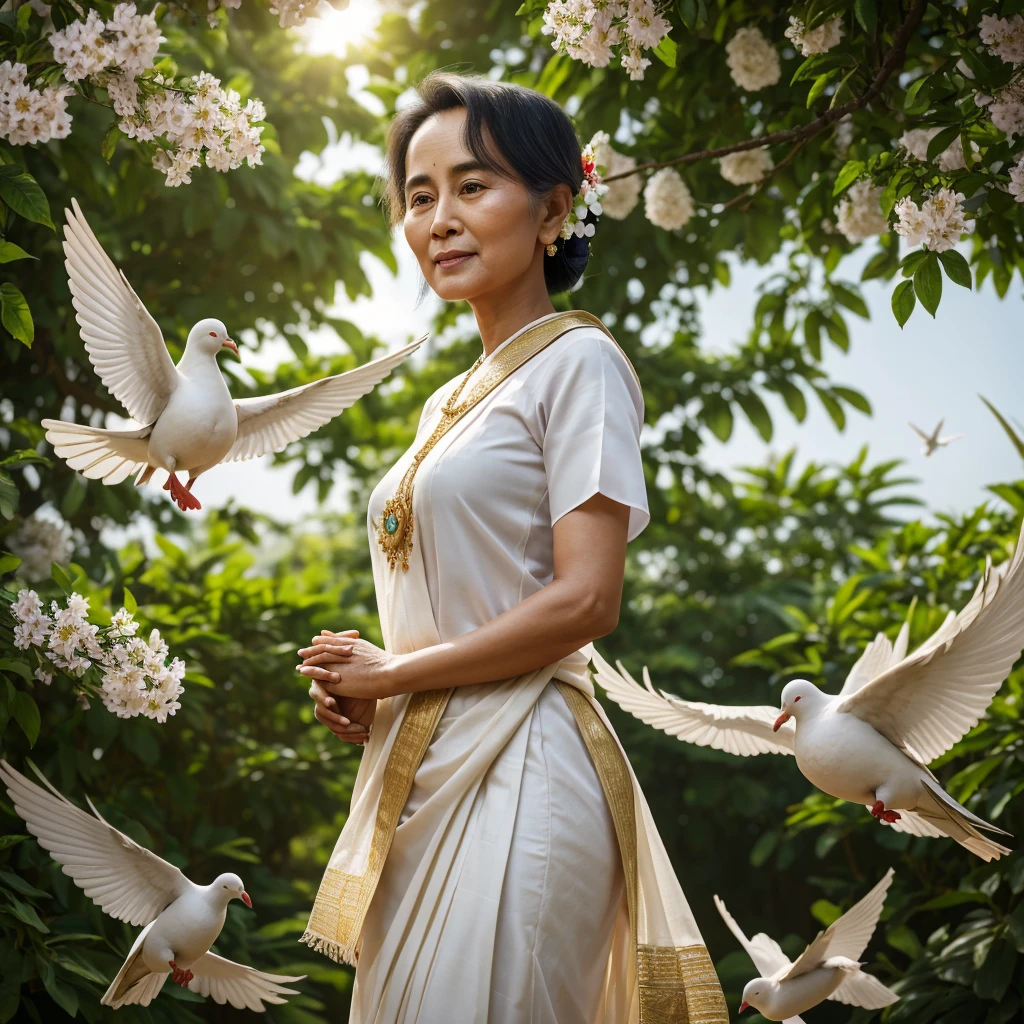 (best quality,highres,ultra-detailed,realistic),3D rendering of Aung San Suu Kyi,in a peaceful garden,sdressed in traditional Burmese attire,with a gentle smile on her face,beautiful detailed eyes and lips,holding a white dove in her hand,surrounded by blooming flowers and lush greenery,soft sunlight filtering through the leaves,creating a serene and ethereal atmosphere,showcasing her grace and resilience as a leader and symbol of freedom and democracy in Myanmar.