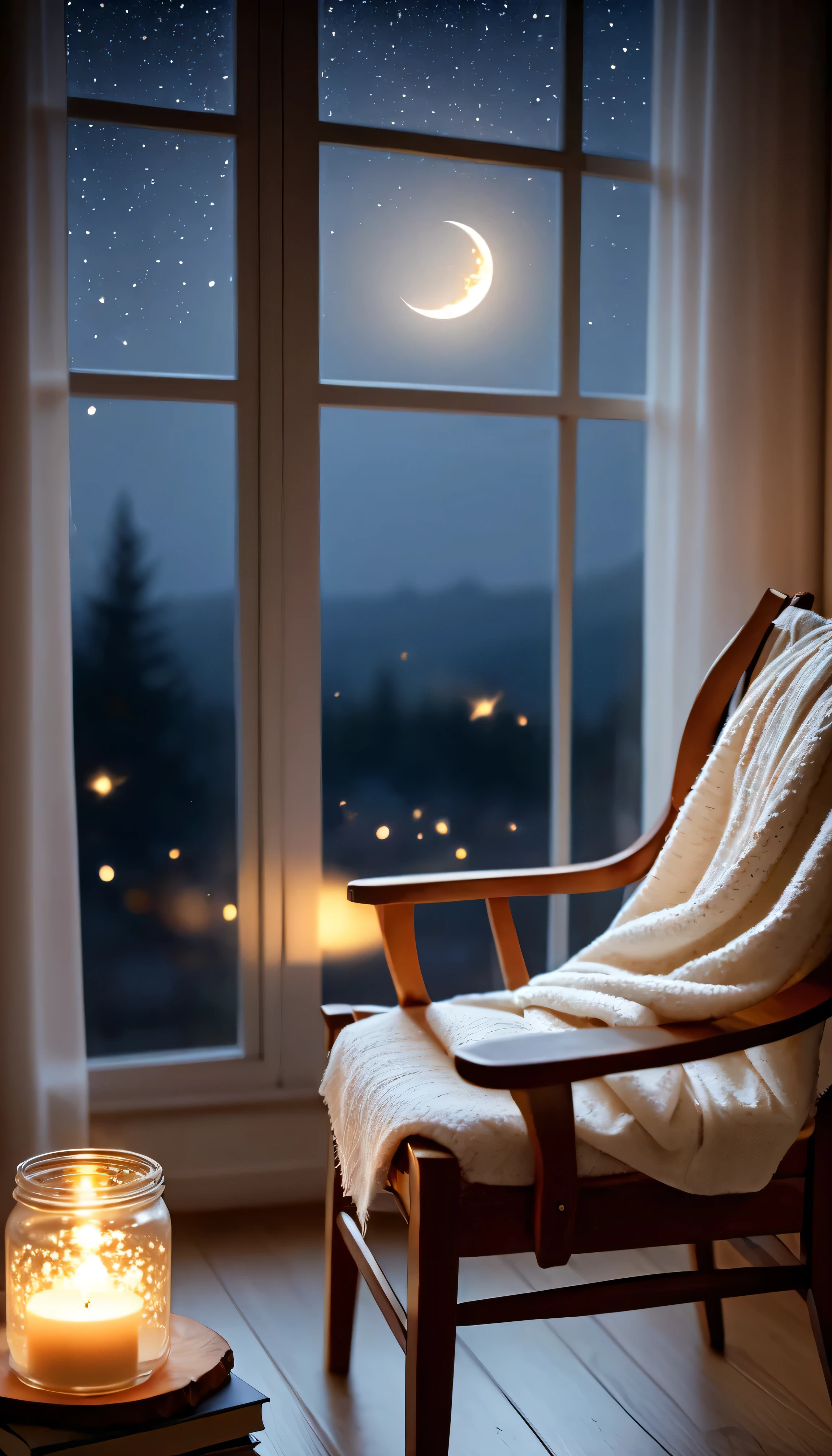 Modern elegant wooden chair with backrest.White sweaters stacked on white wooden chair with backrest( fabric textiles)and a book.Close-up of a cup of hot latte coffee on a book(stacked on chairs), Romantic.Warm light and shadow at night.Comfortable and beautiful, cozy atmosphere, Comfortable and calm, Comfortable and calm!, cozy atmosphere, comfortable environment, Window background with white transparent window, Comfortable and atmospheric, Relax, feeling of happiness, Soft stars and moon light and shadow.bokeh background(best quality at best)(intricate details)(leave a big blank) bokeh background.(best quality,4K,8k,high resolution,masterpiece:1.2),super detailed,(actual,photoactual,photo-actual:1.37),..ultra high definition, anatomically correct, masterpiece, best quality(night.cold light),Best still life composition
