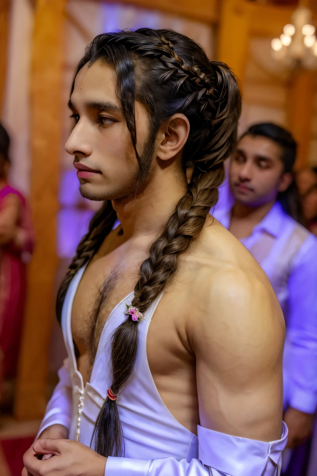 A (((serenely beautiful young man))) with luxuriously french braided, intricately interwoven long pigtail hair artfully falling around his shoulders, at a wedding hall ,wearing a wedding dress, looking at the camera
