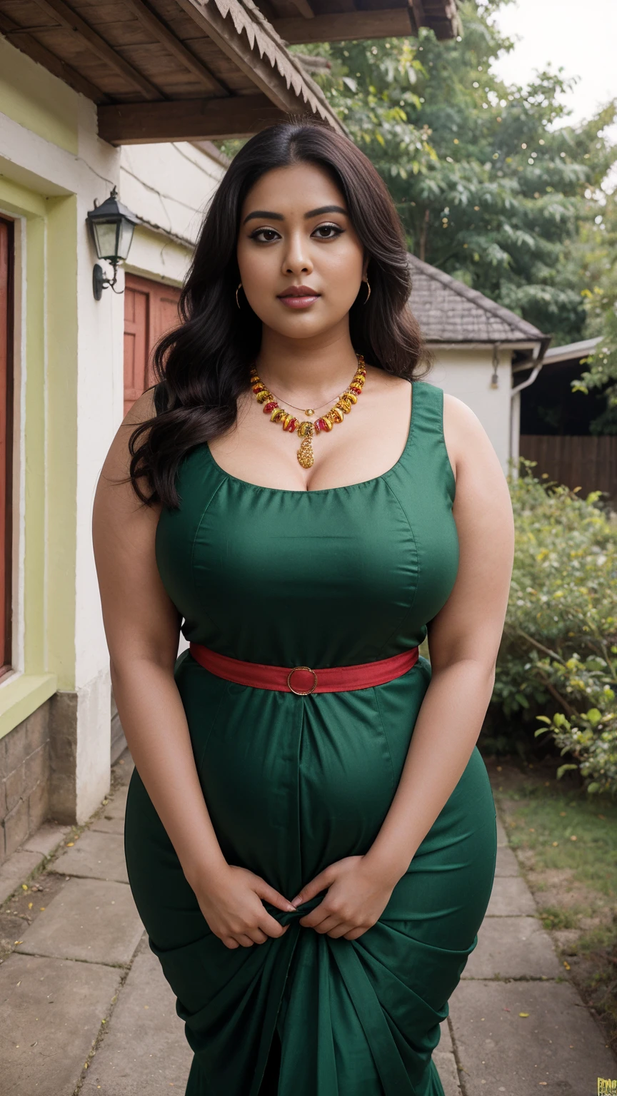 Sabitri Chatterjee bengali actress beautiful actress sexy curvy plus size model woman in a different red green black yellow color Fit and flare Dress in village house, manga mala necklace ornament in necklace for wedding, Head Jewelry for wedding, busty, small curvy, mid body shot, she has a jiggly fat round belly, thick body, village area background.