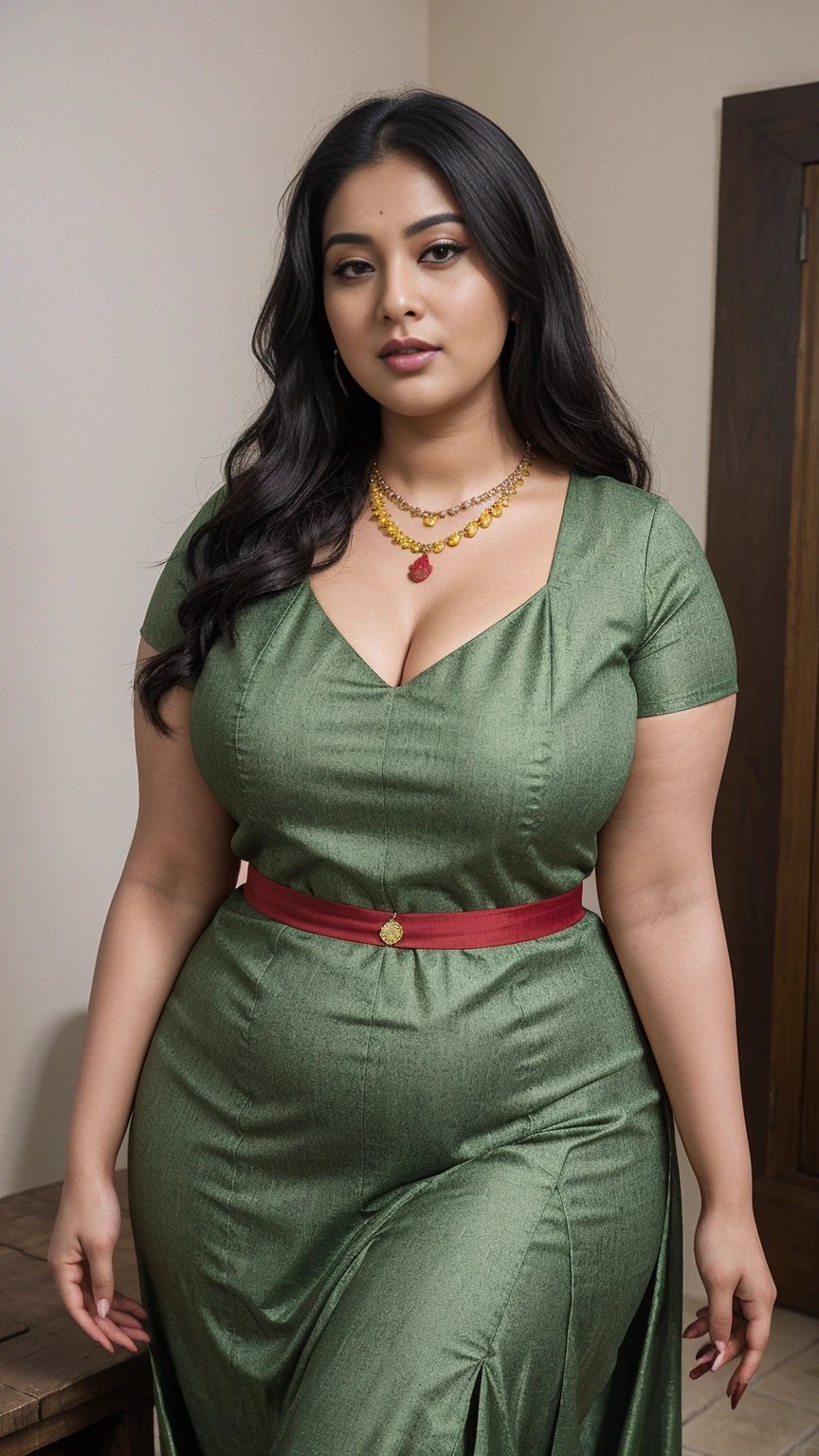 Sabitri Chatterjee bengali actress beautiful actress sexy curvy plus size model woman in a different red green black yellow color Fit and flare Dress in village house, manga mala necklace ornament in necklace for wedding, Head Jewelry for wedding, busty, small curvy, mid body shot, she has a jiggly fat round belly, thick body, village area background.