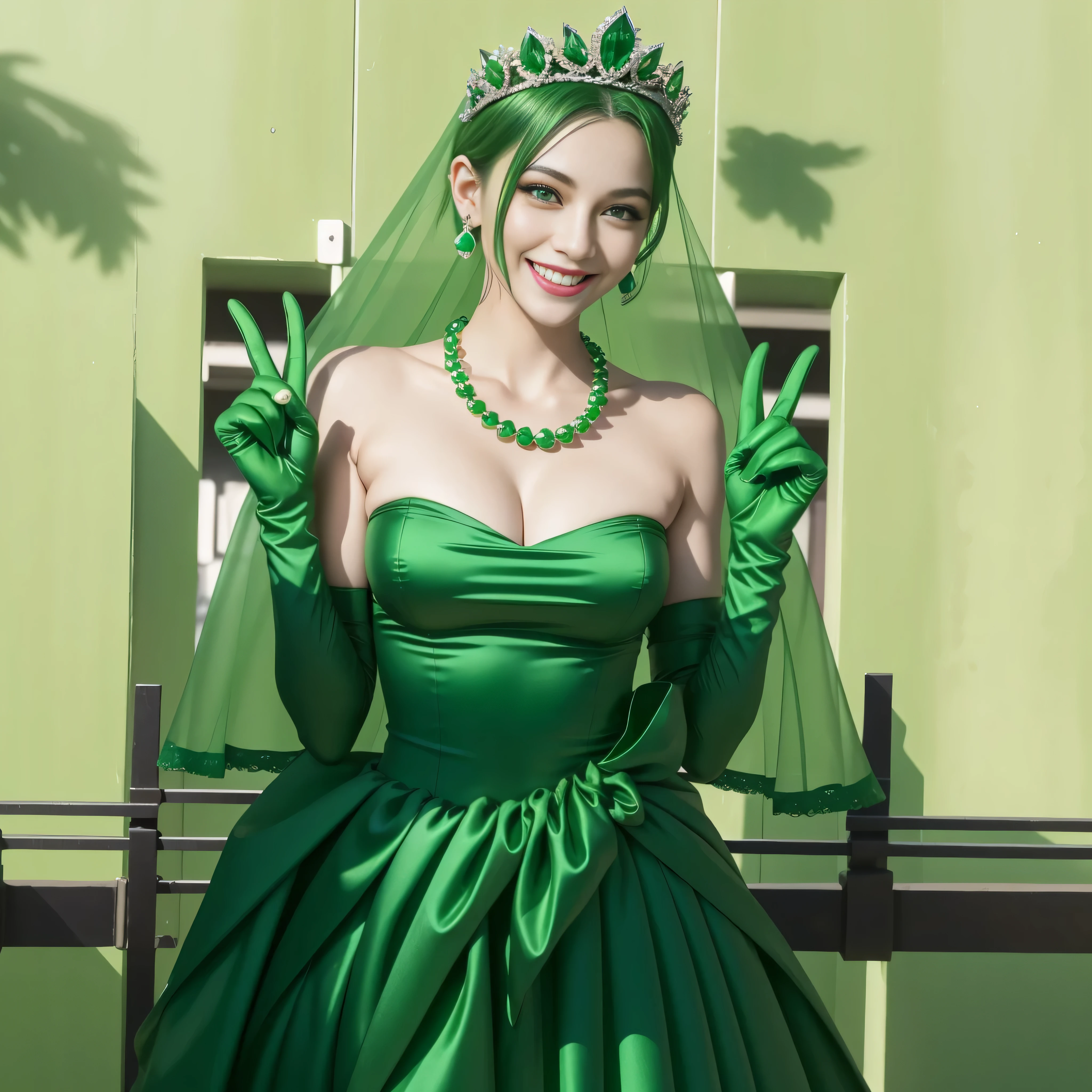 emerald tiara, green pearl necklace, ボーイッシュな非常に短いgreen hair, lipstick, smiling woman, very short hair, big breasts beautiful, green eyes, Long Green Satin Gloves, green eyes, V sign, emerald earrings, green veil, green hair
