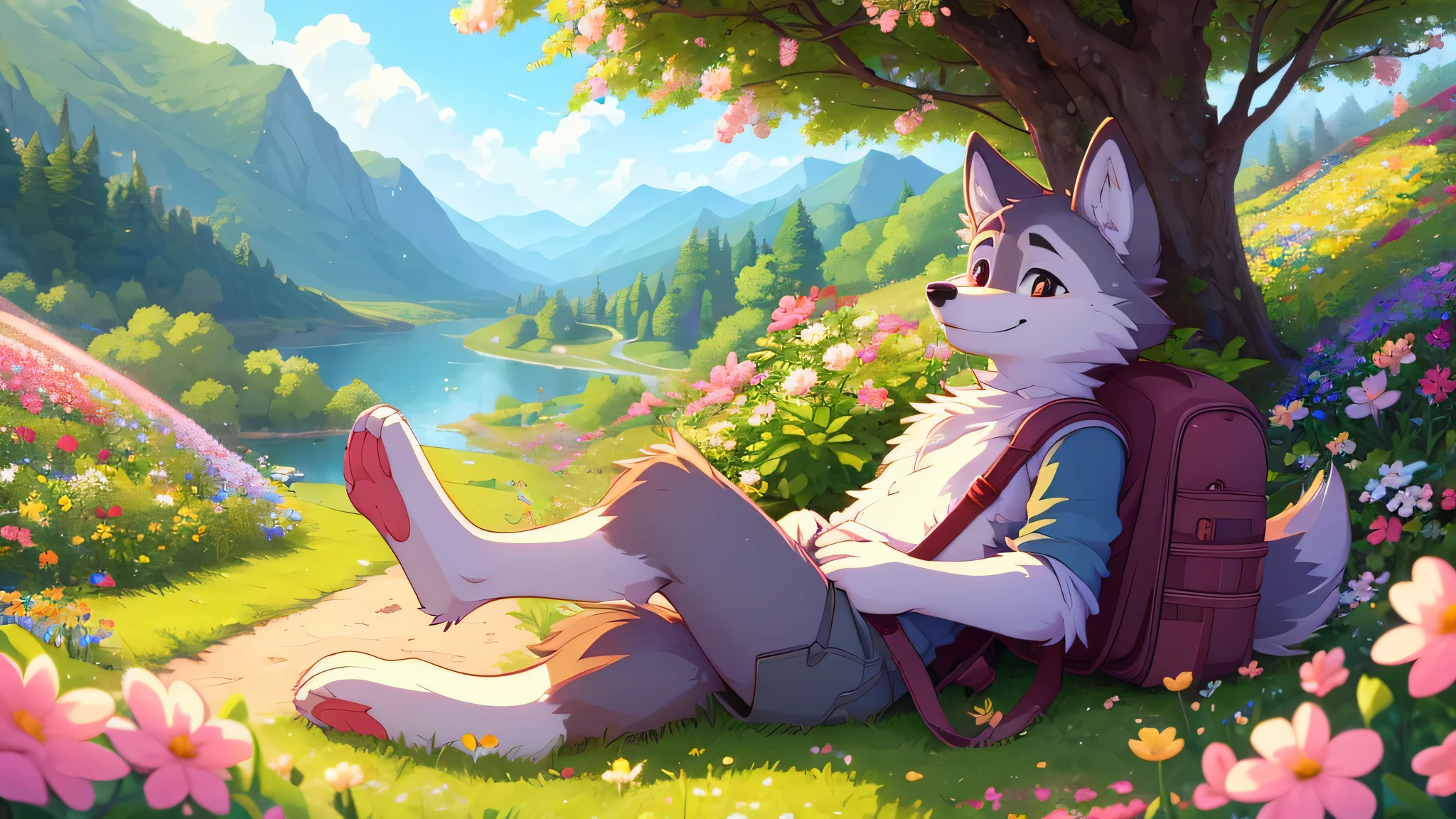 a ，Wolf，Carry your backpack，Enjoy a spring outing surrounded by beautiful flowers and nature. 4K resolution, HD, illustration, Very detailed, facial features, cartoon, Visual effect.  