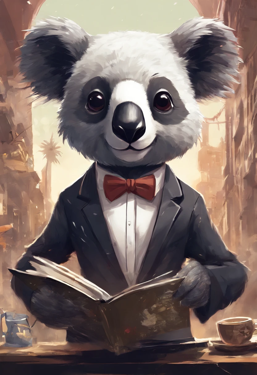anthropomorphic koala, de cuerpo entero, vestido formalmente con un blazer, sostiene una bandeja, pegatina de panda, sticker de panda.