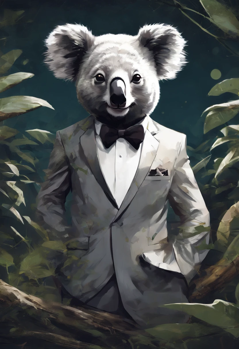 anthropomorphic koala, de cuerpo entero, vestido formalmente con un blazer, sostiene una bandeja, pegatina de panda, sticker de panda.