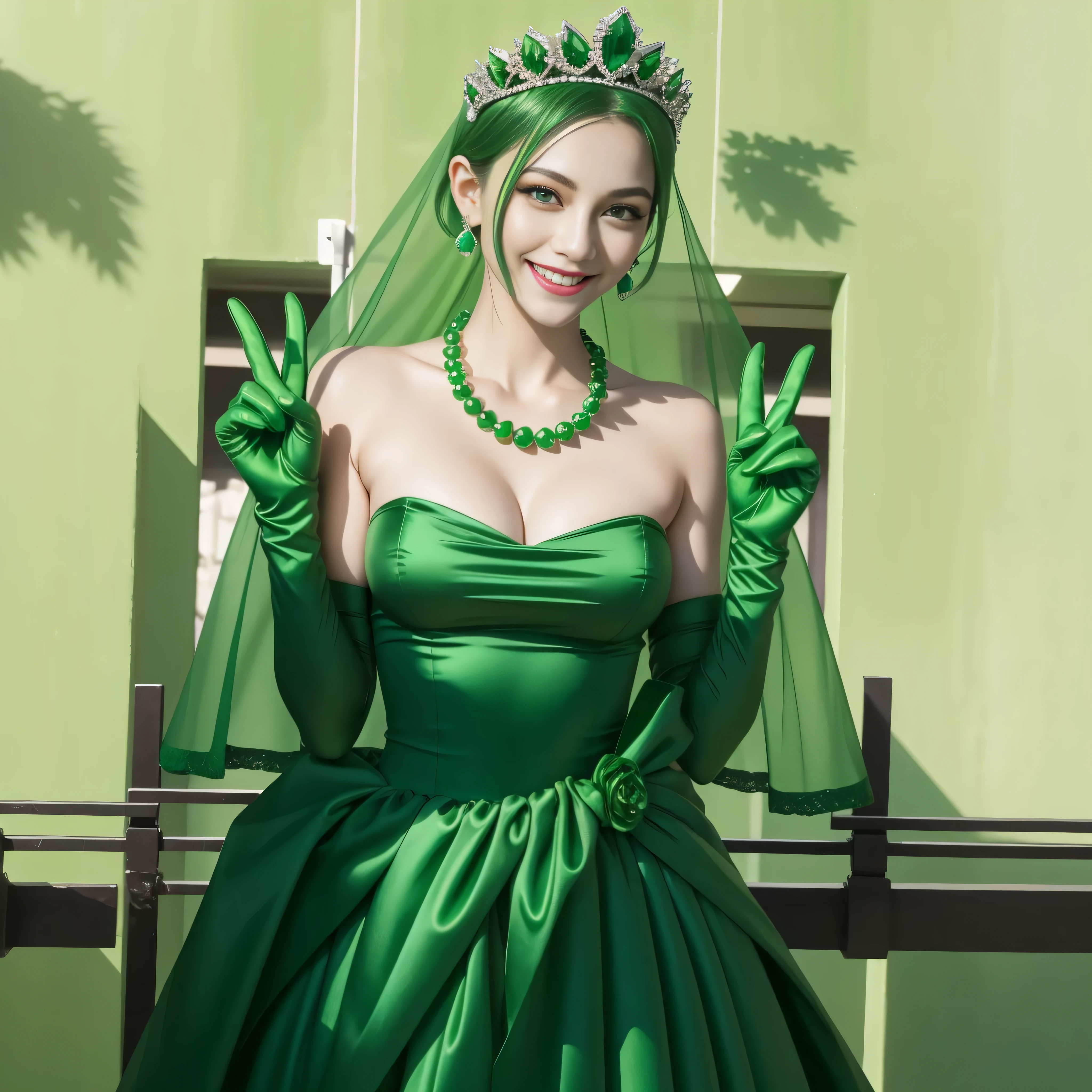 emerald tiara, green pearl necklace, ボーイッシュな非常に短いgreen hair, lipstick, smiling woman, very short hair, big breasts beautiful, green eyes, Long Green Satin Gloves, green eyes, V sign, emerald earrings, green veil, green hair