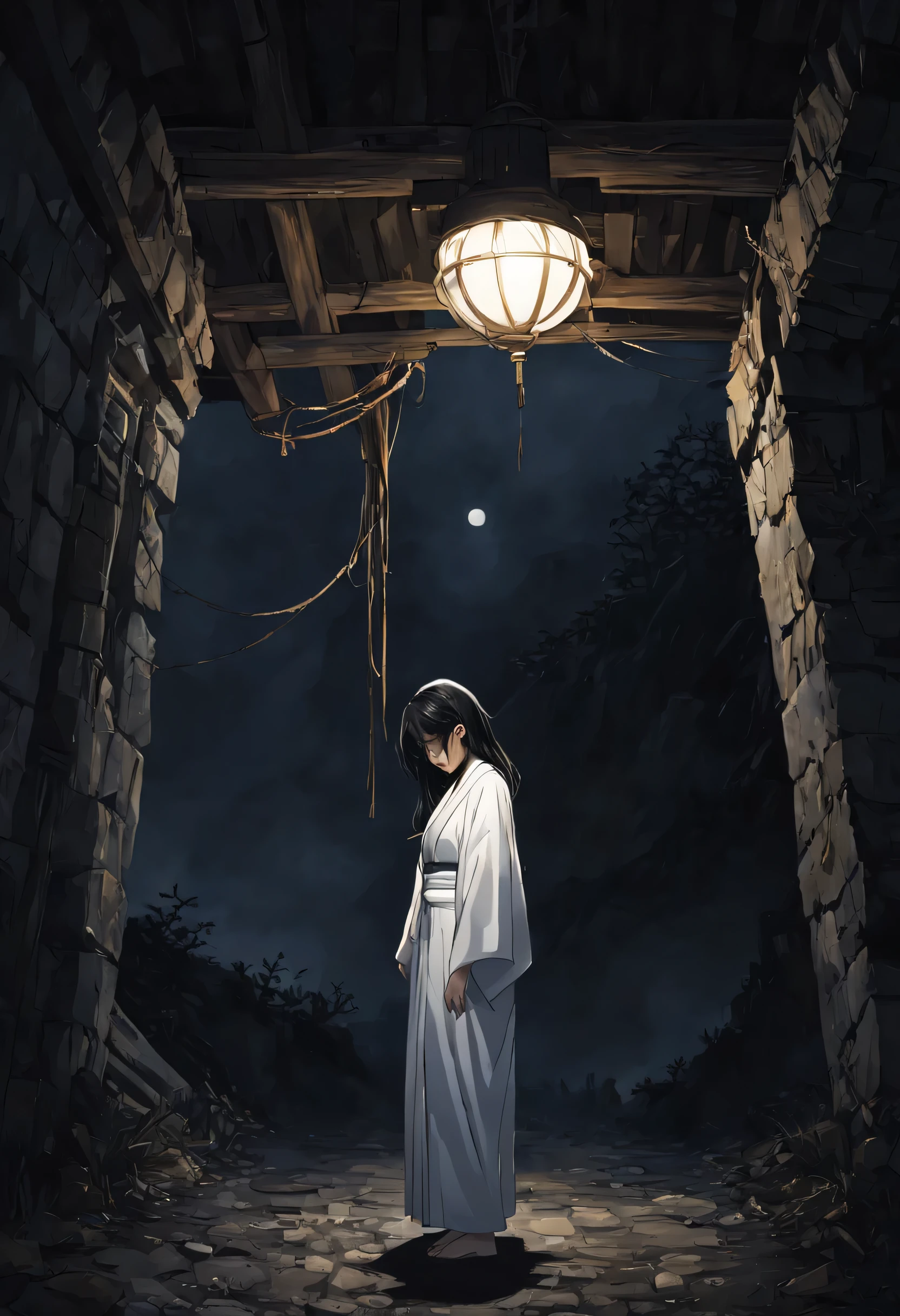 Spooky places, dark atmosphere, Dark road, dark outdoor light, Rural mountain road with no one around, A woman with long black hair wearing a white kimono stands under an outdoor light, Looking down and not seeing your face., (masterpiece), (highest quality), (Ultra high detail)