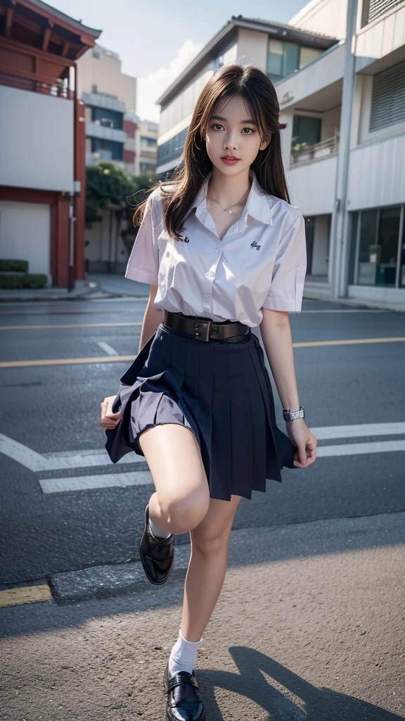 highest resolution, 8K, high definition, (((ผมlong))), Thai Students, Half Thai, half Japanese, half Korean., Age 18-25 years, Height 173 centimeters, (((stand, walk))), Beautiful face, แต่งBeautiful face, Double eyelids, red lips, smile at the corner of the mouth, beautiful eyes, Beautiful Woman, The texture is realistic., ((Slim white short-sleeved shirt, collar shirt)), ((ปักnameด้วยตัวหนังสือสีน้ำเงินที่หน้าอกเสื้อด้านขวา, name"Phonpitak Apiwatpaisansakul")), ((School logo symbol on the left chest of the shirt.)), ((big pleated skirt, dark blue, long, Close your legs completely.)), ((Navy blue skirt, พร้อมbeltผู้หญิง)), ((Huge breasts, Breast augmentation)), ((Symmetrical shape, sexy figure)), ((Thin, slim, small waist)), ((Black elementary school student shoes, Short white socks, Put on a watch, belt)), (((full body, Look at every part of the body.))), background, balcony in front of building, building, buildingเรียน