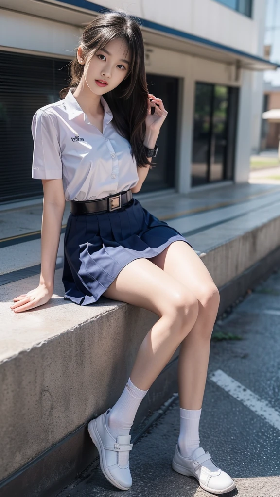 highest resolution, 8K, high definition, (((ผมlong))), Thai Students, Half Thai, half Japanese, half Korean., Age 18-25 years, Height 173 centimeters, (((stand, walk))), Beautiful face, แต่งBeautiful face, Double eyelids, red lips, smile at the corner of the mouth, beautiful eyes, Beautiful Woman, The texture is realistic., ((Slim white short-sleeved shirt, collar shirt)), ((ปักnameด้วยตัวหนังสือสีน้ำเงินที่หน้าอกเสื้อด้านขวา, name"Phonpitak Apiwatpaisansakul")), ((School logo symbol on the left chest of the shirt.)), ((big pleated skirt, dark blue, long, Close your legs completely.)), ((Navy blue skirt, พร้อมbeltผู้หญิง)), ((Huge breasts, Breast augmentation)), ((Symmetrical shape, sexy figure)), ((Thin, slim, small waist)), ((Black elementary school student shoes, Short white socks, Put on a watch, belt)), (((full body, Look at every part of the body.))), background, balcony in front of building, building, buildingเรียน