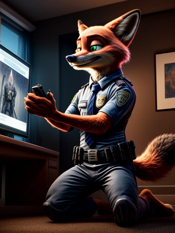 2d portrait, very detailed faces, anatomically correct, furry art, hypnotised barefoot Nick Wilde (Zootopia) wearing his blue police uniform, long pants, police belt with gun, kneeling in front of PC or TV, in office, concentrating on a monitor with a recording of a green hypnotic spiral, detailed nice big fox feet paws with short claws, in a trance, drooling, green glow in his eyes, hi res, detailed background, 8k hd,(dark shadows, wide dynamic range, hdr, low light:1.2), （Dynamic angles and pose:1.2)