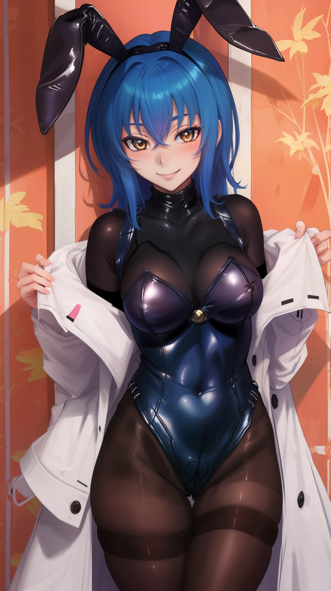 masterpiece, best quality, wallpaper, HDR, high quality, high-definition, extremely detailed, xenovia, playboy bunny, rabbit ears, smile, blue leotard, pantyhose، blushed, healthy skin, cowboy_shot, standing.
