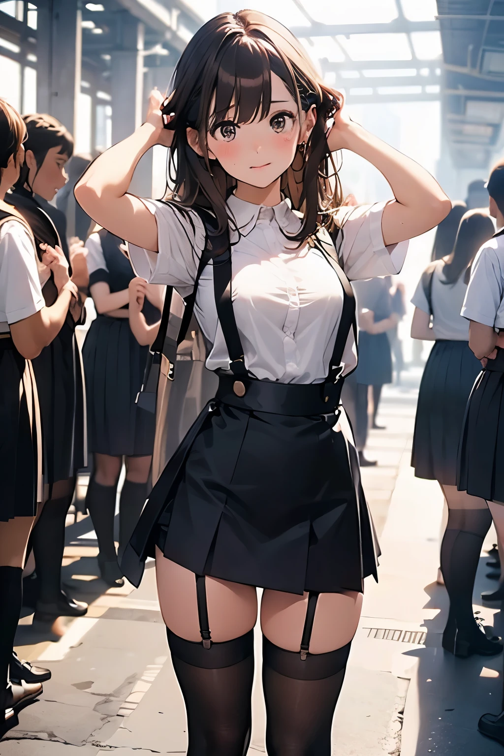 brown hair、looking at the viewer suspenders Bulging big breasts Black miniskirt garter belt knee high socks Gaze small face bangs Beauty hands up Gaze black boots provocation armpit sweat one person put your hands behind your back cutter shirt Panty shot