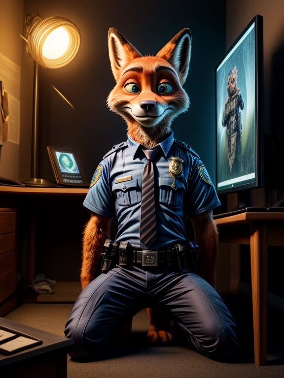 2d portrait, very detailed faces, anatomically correct, furry art, hypnotised barefoot Nick Wilde (Zootopia) wearing his blue police uniform, long pants, police belt with gun, kneeling in front of PC or TV, in office, concentrating on a monitor with a recording of a green hypnotic spiral, detailed nice big fox feet paws with short claws, in a trance, drooling, green glow in his eyes, hi res, detailed background, 8k hd,(dark shadows, wide dynamic range, hdr, low light:1.2), （Dynamic angles and pose:1.2)