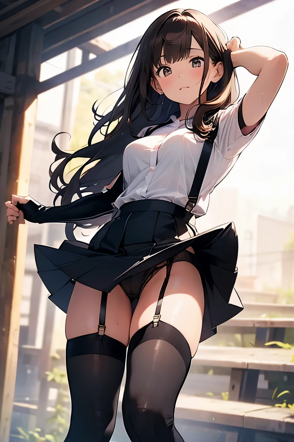 brown hair、looking at the viewer　　suspenders　　　Bulging big breasts　　 　 　　　　Black miniskirt　garter belt　knee high socks　　　　　　Gaze　　　small face　bangs 　　　　　Beauty　　hands up　　 　Gaze 　black boots 　provocation　　armpit sweat　one person 　　put your hands behind your back　cutter shirt　　Panty shot
