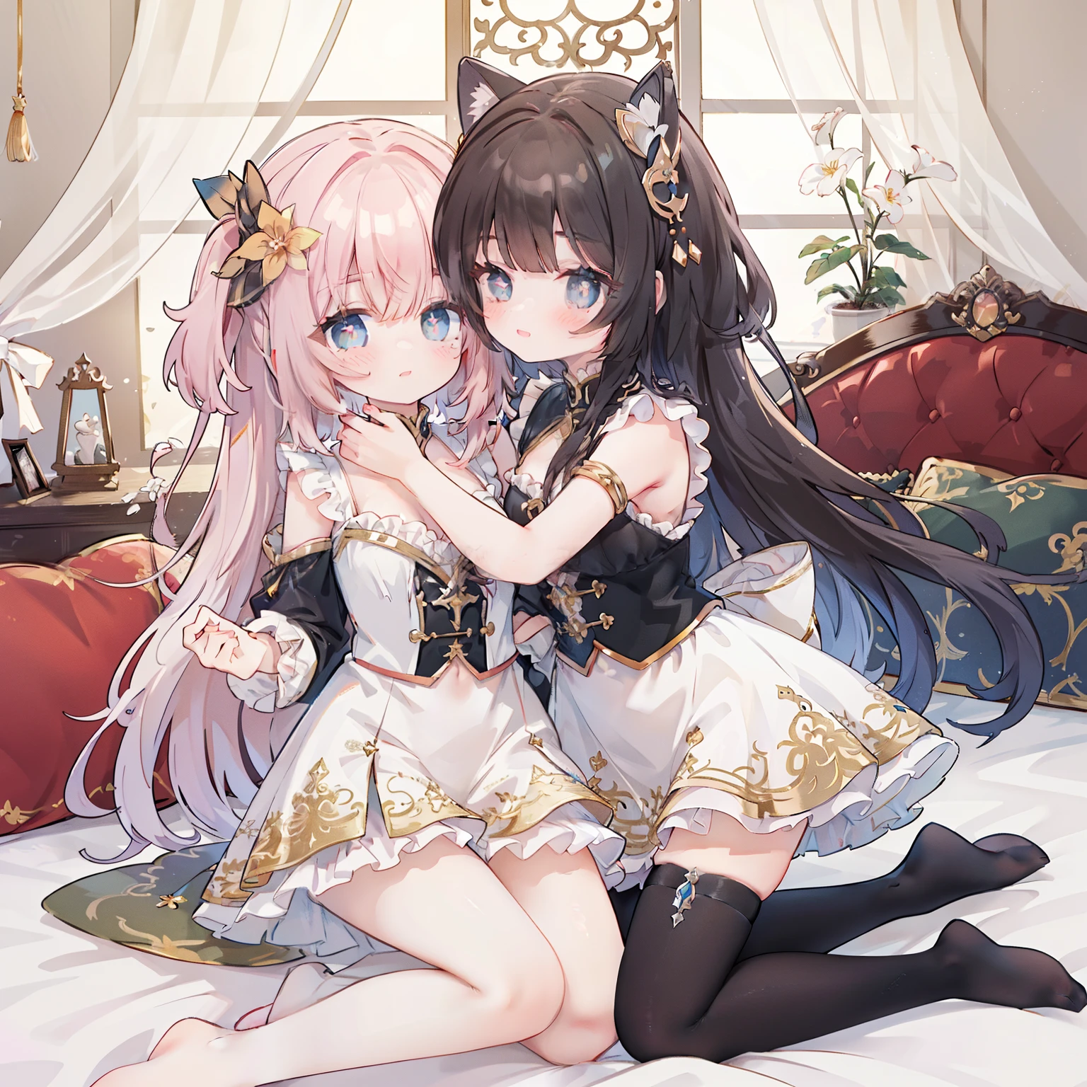 (best quality,8k,high resolution,masterpiece:1.2),super detailed,lifelike,CG wallpaper,Excellent, Beautiful and delicate face, exquisite eyes，2 girls, Hug together，cross-shaped pupils, Default attire, Everlasting，Kneel on the bed，blush