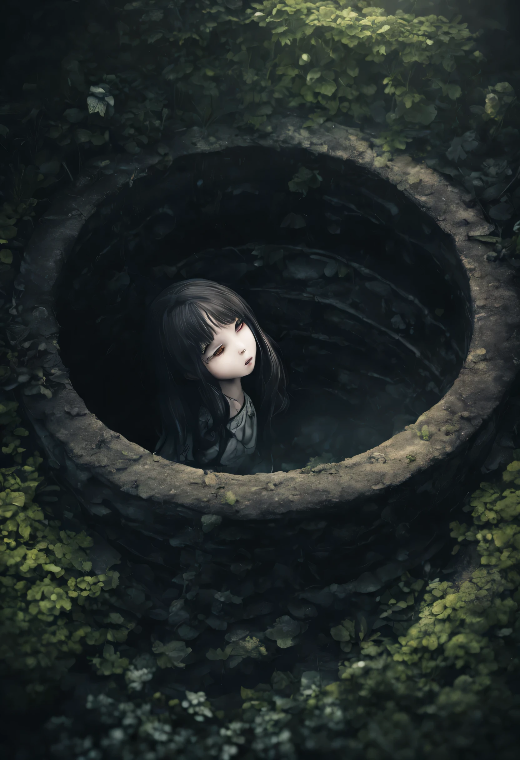 Spooky places, dark atmosphere, (Not used, A dilapidated and dirty well in the garden and Sadako), (masterpiece), (highest quality), (Ultra high detail)