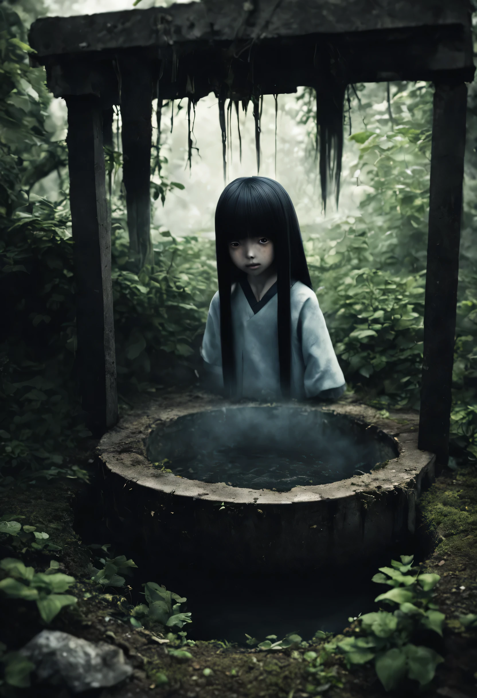 Spooky places, dark atmosphere, (Not used, A dilapidated and dirty well in the garden and Sadako), (masterpiece), (highest quality), (Ultra high detail)