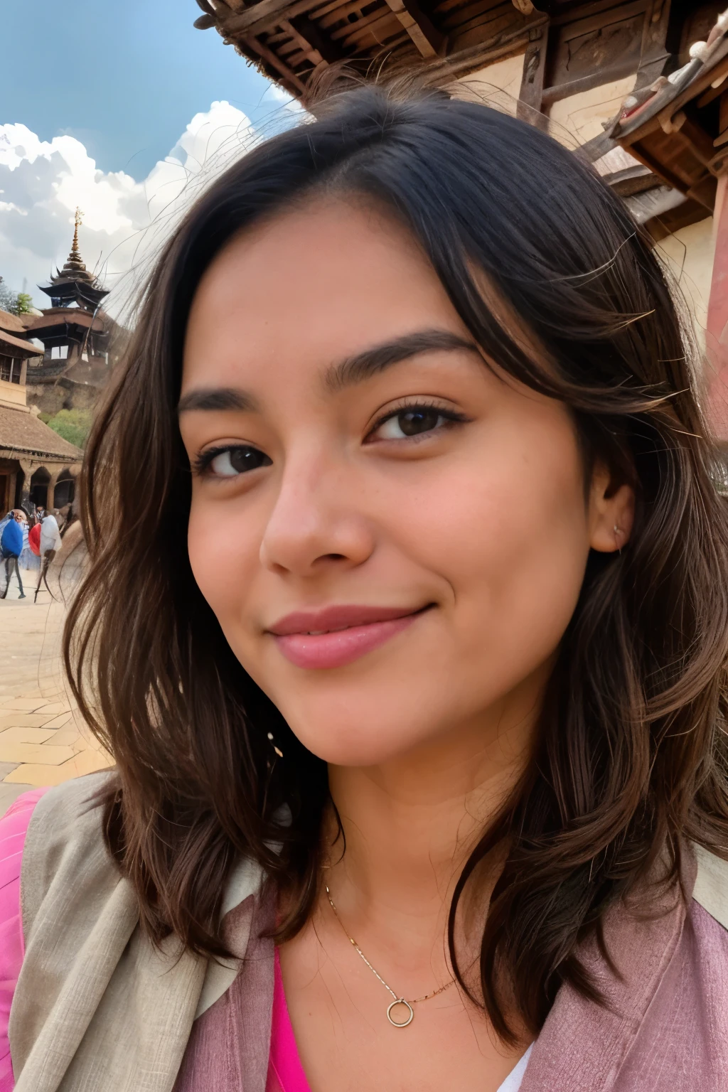 /imagine prompt: A Tibetan girl with a dimple gracefully appearing on the left side of her cheek and a small mole tucked away on the left side of her upper lip. Her brunette hair cascades down her shoulders in soft, loose waves. With a charming smile playing on her lips and crooked teeth adding to her unique charm, she leans her head slightly to the left, captivated by the camera's lens. The scene unfolds in the enchanting Patan Durbar Square, surrounded by ancient architecture and vibrant colors. The moment is artfully captured with a Canon DSLR, effortlessly preserving the clear blue sky adorned with fluffy clouds overhead./