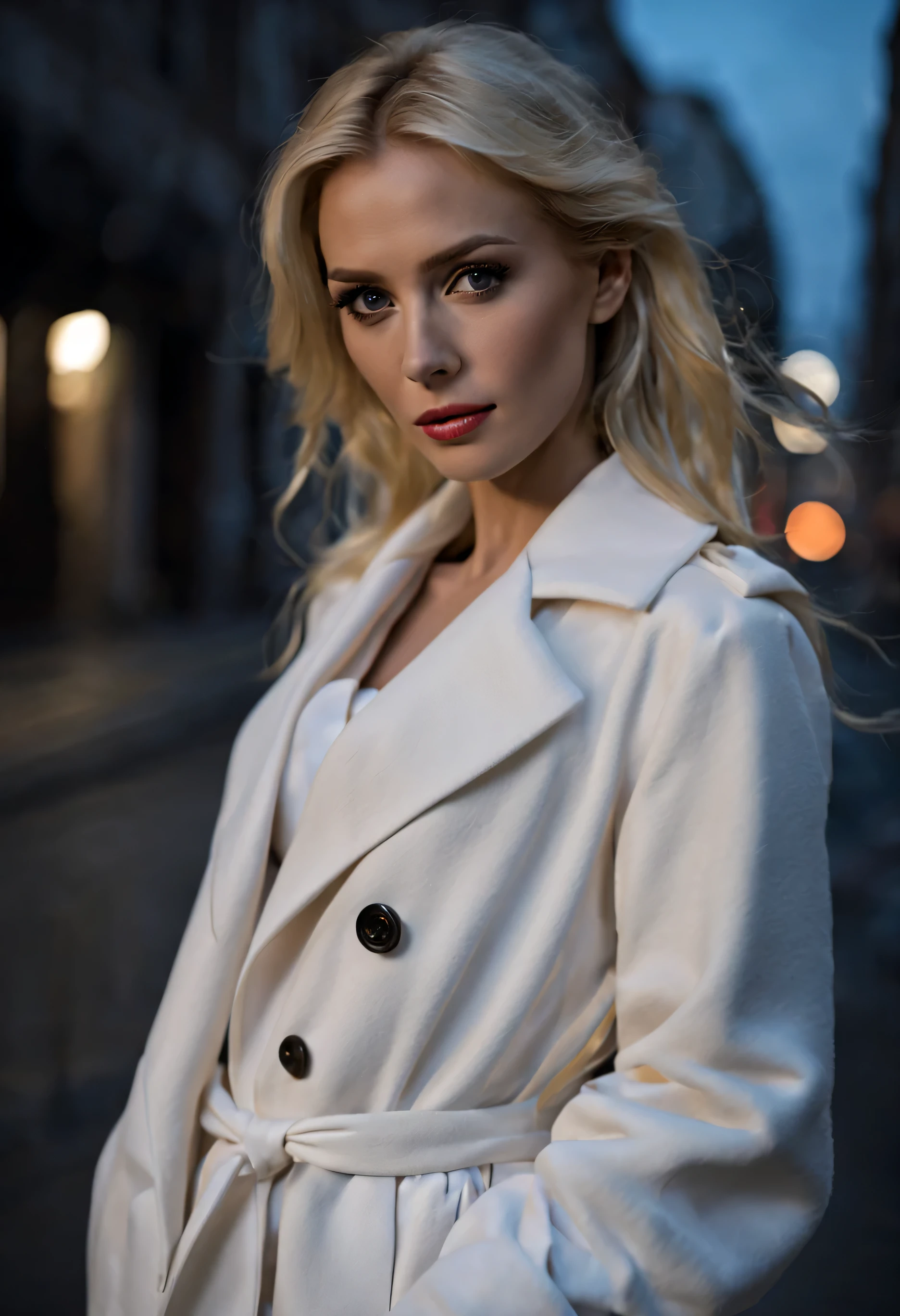 visible the whole body, very pretty, very beautiful face, very sweet, extremely beautiful, from head to knee : a blond woman posing at a dark scene, in the style, wearing a white long coat, on the street