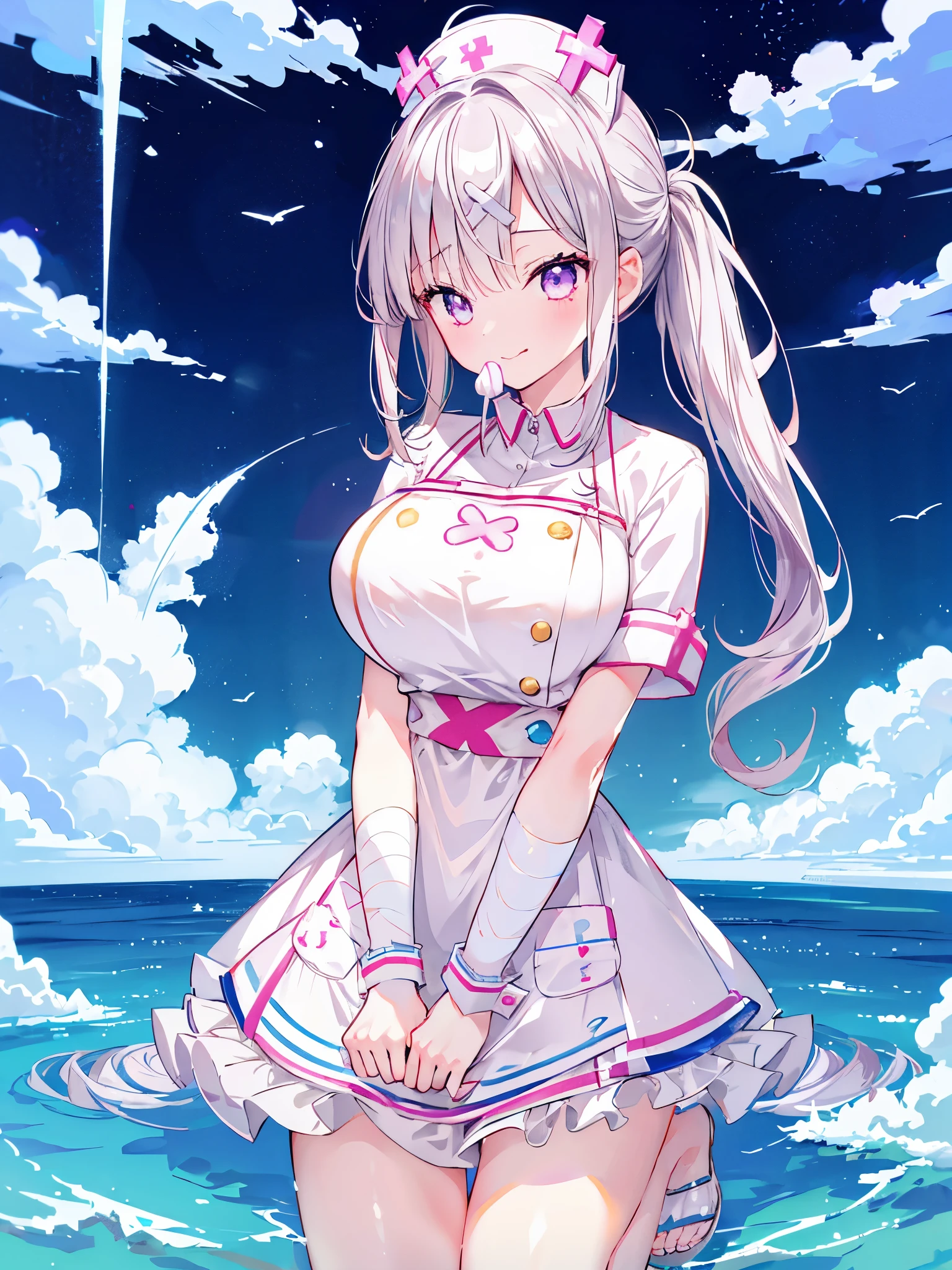 Masterpiece、ultra high resolution:1.3、8K、1 female、solo:1.3、whole body、The style is very good.、White-silver hair、blue tips of hair、Rainbow、Four-color color:1.3、ponytail、big breasts、nurse uniform、erotic、Stick out your tongue、provocation、wet、Stuffy、vapor、cute、close、blush、shyness、Light pointing、night