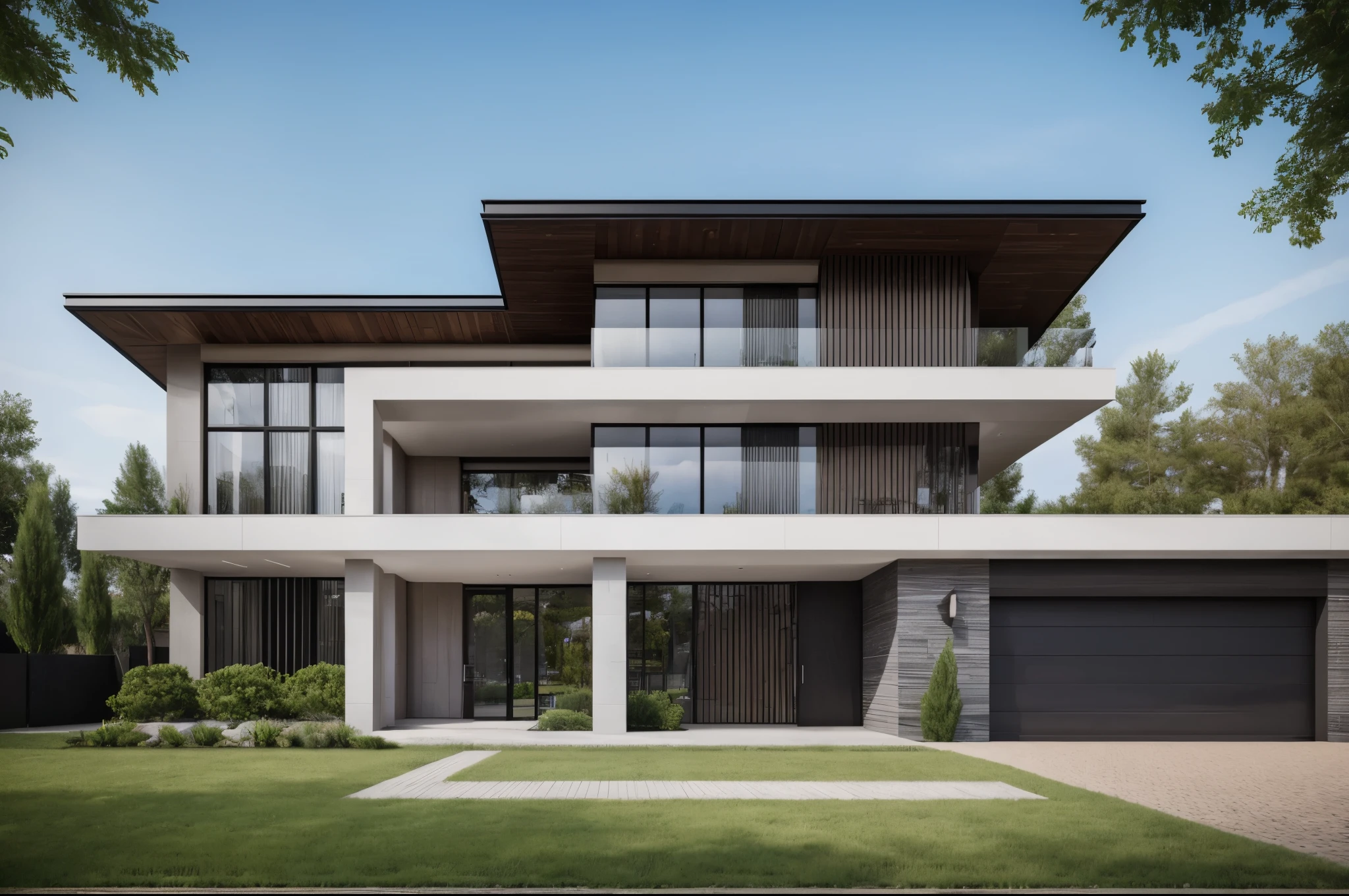 (masterpiece),(High quality), best quality, authentic,(realistic), super detailed, (full details),(4k),8K,Modern house exterior design, Modern architecture, beautiful_sky, daylight, Non_humans, outdoor, sky, trees, front garden,