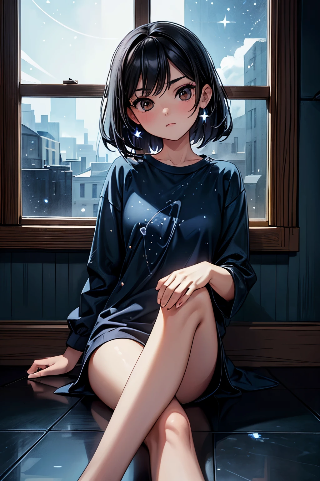 ((Masterpiece)), ((best quality)), (super detailed), (Professional Photography), (Photorealsitic:1.3), small breast, black hair, brown eyes, eye shadow, eye liner, sitting against a wall, sitting on the floor, sitting in front of a window door, (blue night sky), star shower, black and white pajamas