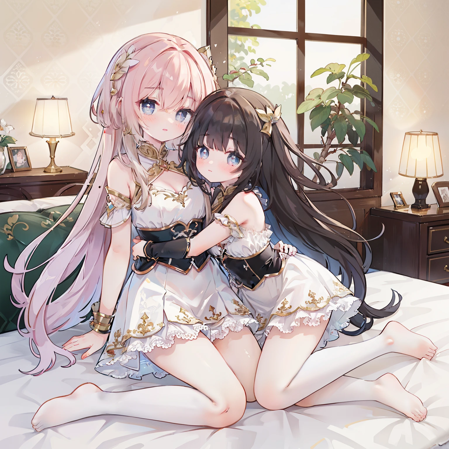 (best quality,8k,high resolution,masterpiece:1.2),super detailed,lifelike,CG wallpaper,Excellent, Beautiful and delicate face, exquisite eyes,2 girls, Hug together,cross-shaped pupils, Default attire, Everlasting,Kneel on the bed,blush