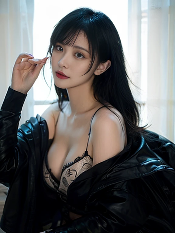 (masterpiece:1.4), (best quality:1.4), extremely detailed, intricate, hyper detailed, illustration,soft lighting, scenic, 1girl, disgust, Navy blue hair, colorful, colorized, from_above ,naked vampire , runway