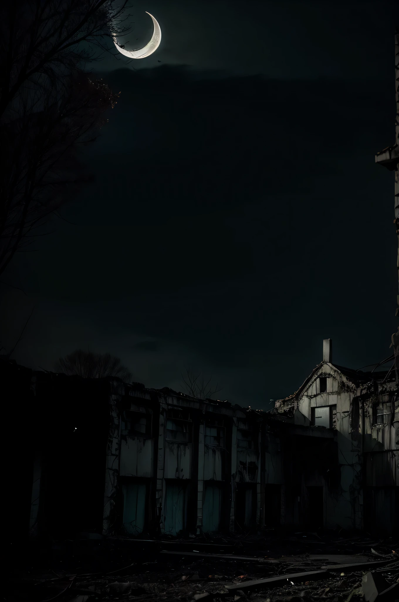 Spooky places, dark atmosphere, Exterior of abandoned hospital, dilapidated hospital, ivy, rubble, night, (Crescent Moon), A lot of crows, (best configuration), (masterpiece), (highest quality), (Ultra high detail)
