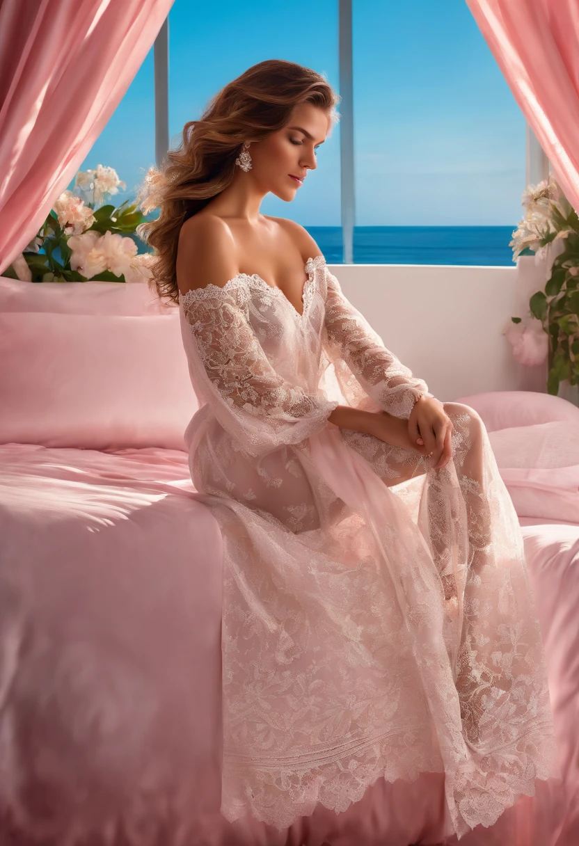 (Best quality, 8K, 32K, masterpiece, UHD:1.2), Beauty Photography, sexy lace night robe, sitting on the bed, Luxury hotel, pink bedroom with ocean view, From Side, Open shirt, half naked