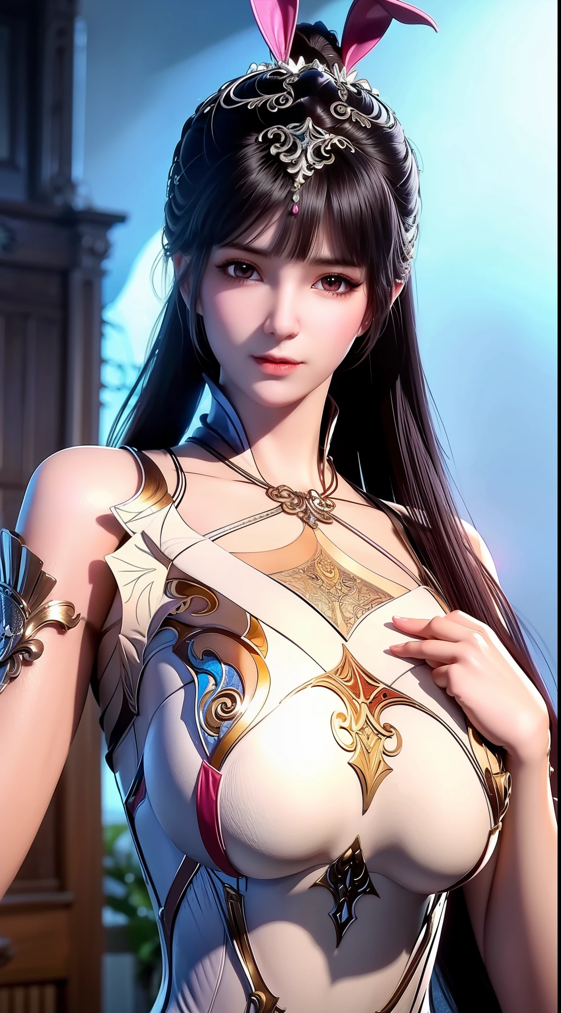 A close-up of a woman dressed in ancient costume with Chinese elements，Classical art，Cultivate the elemental sense of immortals，detailed fantasy art，Stunning character art，Epic and refined character art，Beautiful Chinese costumes，Extremely detailed artistic germination，Detailed digital anime art, Artgerm on the art station Pixiv，Swimsuit girl，Exquisite and intricate headwear and jewelryhuge breasts、exposing her chest、Show breasts、huge boobs，huge breasts、exposing her chest、Show breasts、huge boobs，huge breasts、exposing her chest、Show breasts、huge boobs，huge breasts、exposing her chest、Show breasts、huge ，