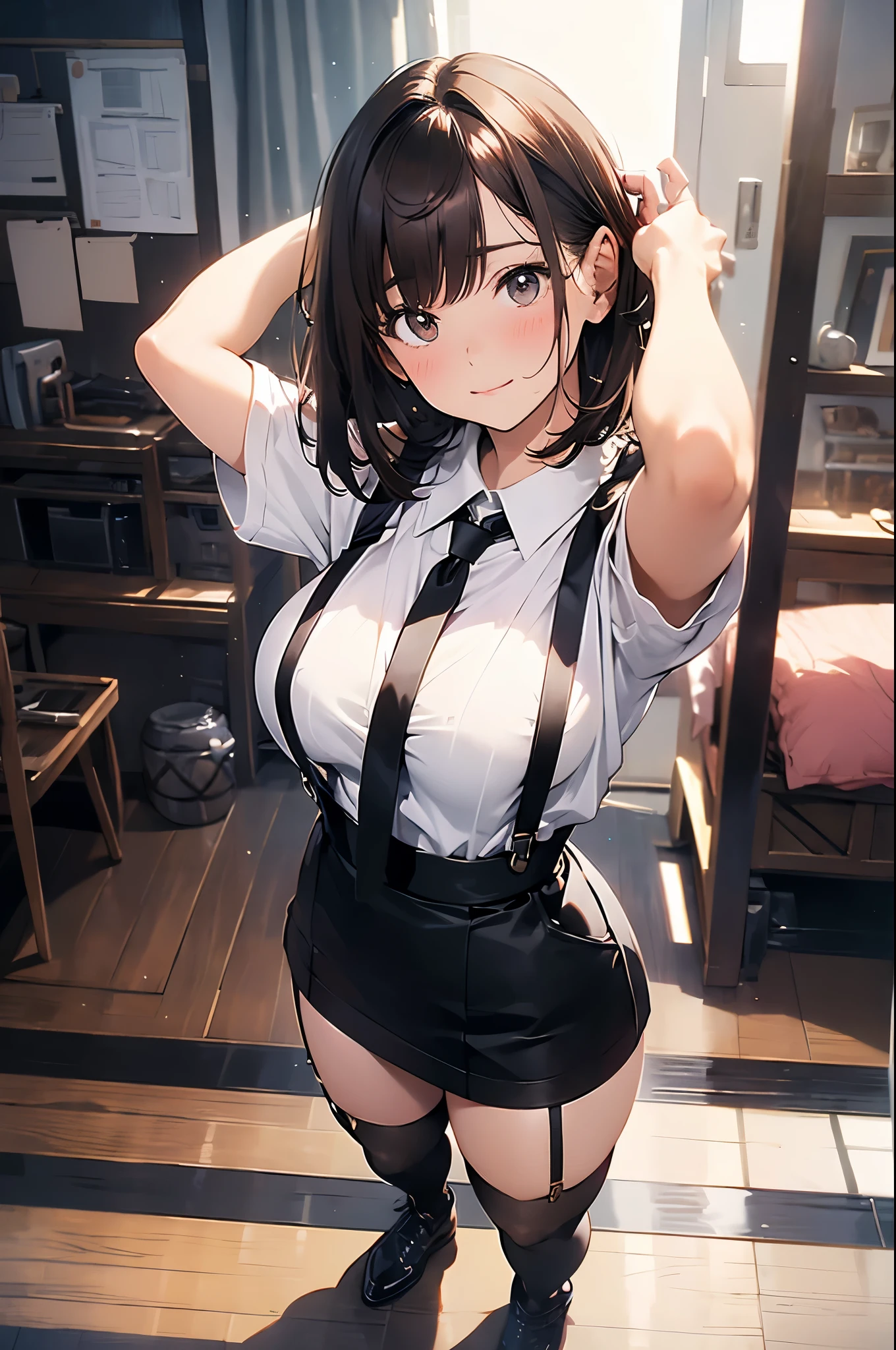 brown hair、looking at the viewer　　suspenders　　　Bulging big breasts　　 　 　　　　Black miniskirt　garter belt　knee high socks　　　　　　Gaze　　　small face　bangs 　　　　　Beauty　　hands up　　 　Gaze 　black boots 　provocation　　armpit sweat　one person 　　put your hands behind your back　cutter shirt　　Panty shot
