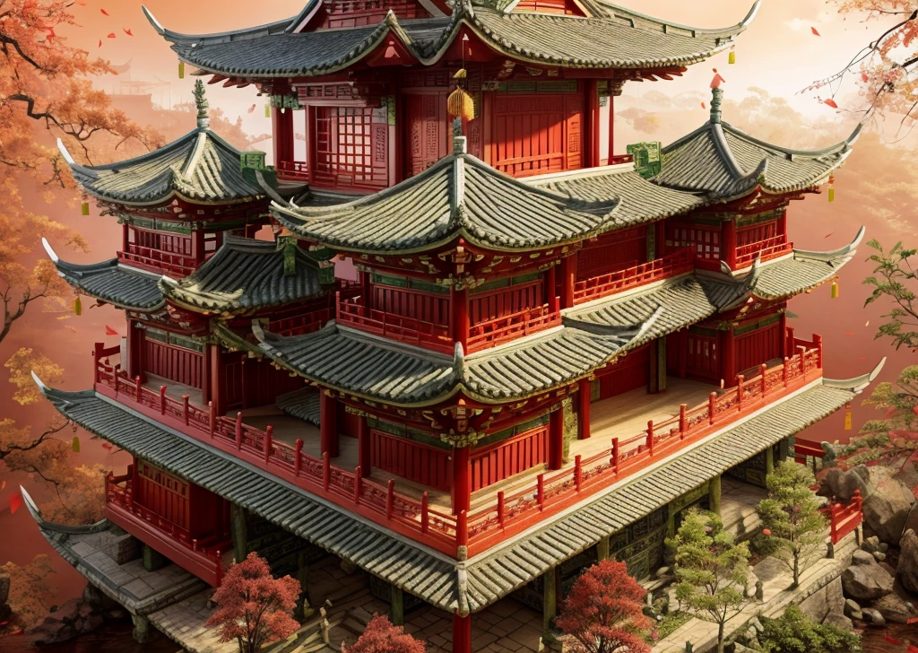 chinese wooden pagoda, stone chair, green stone step, two beautiful flower rows in front of the pagoda, red leaf tree 
