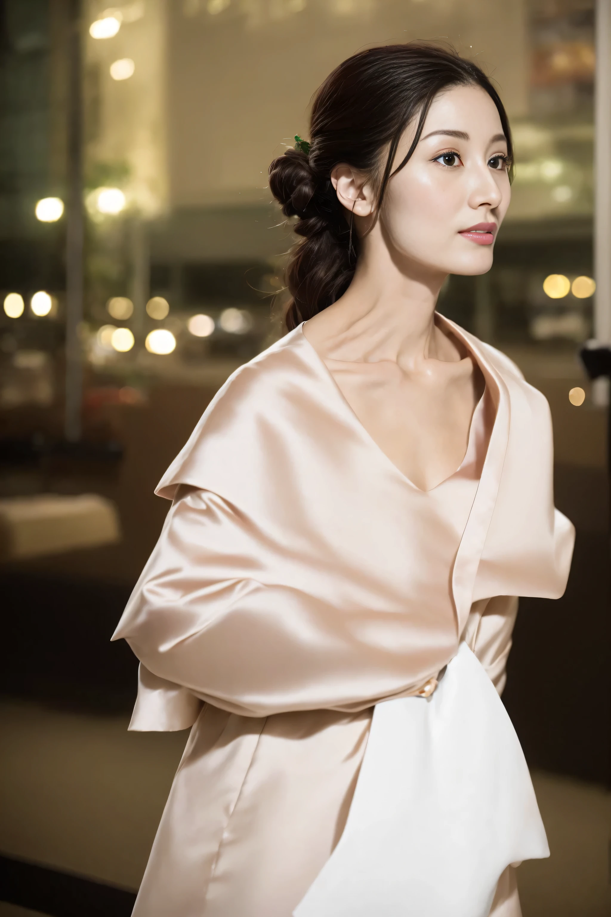 ((adilin))、casual gesture、(Extremely exquisite and beautiful work)、(​Masterpiece)、a girl、Sophisticated and elegant wedding dress、tiao、Very detailed、contorted ponytail、一个charming expression、beautiful and clear eyes、green eyes、exquisite necklace、exquisite earrings、simple blurr background、extremely detailed description、beautiful turd、一个charming、Ultra-fine painting、delicate face、Exquisite figure、Thin Clavicle、beautiful lips、Soft rear view、Mix 4、(8k、original photography、top quality、​Masterpiece:1.2), (actual, realism:1.37),1 girl in,charming,city View, night, rain, wet, professional lighting, photon mapping, radio city, Physically based rendering, above waist、nogizaka idol、korean idol、Posing like a gravure idol、actor、