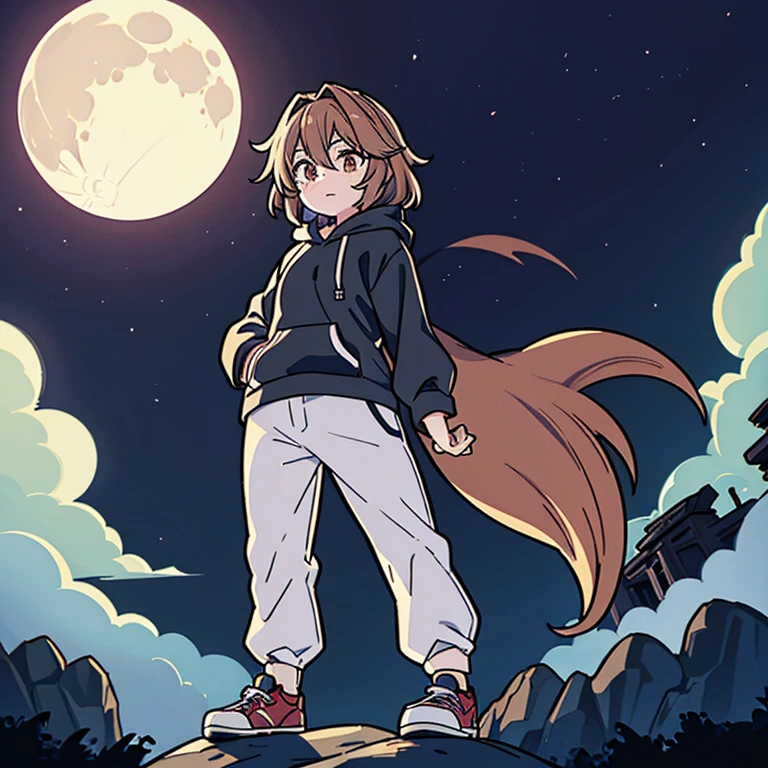 Cross fit body, male, feminine, astolfo like, wolf cut, brown hair, looking into the distance, at the edge of a cliff, full moon, forest behind him, viewer looking from the side, cute black hoodie, sport shoes, very dark, body illuminated by the moon, standing up, hair waving in the air, brown eyes, sharp eyes, alone, beige pants, full body, Only light coming from moon,