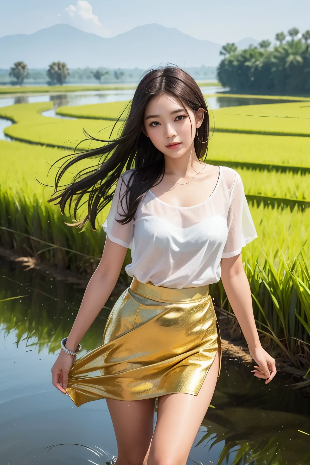 A beautiful girl, with a radiant and captivating face, is running through a rice field in Cambodia during the tranquil morning hours. Dew glistens on her skin, making every curve and contour stand out in the fresh environment. With every step, she disturbs the calm reflection of the rice paddies, creating gentle ripples that reflect the golden hues of the sunrise. Her long, dark hair flows freely behind her, blending seamlessly with the lush rice stalks that sway gently in the breeze. Her outfit is simple, consisting of traditional Cambodian clothing – a loose blouse and a skirt, providing a stark contrast to the pristine and untouched beauty