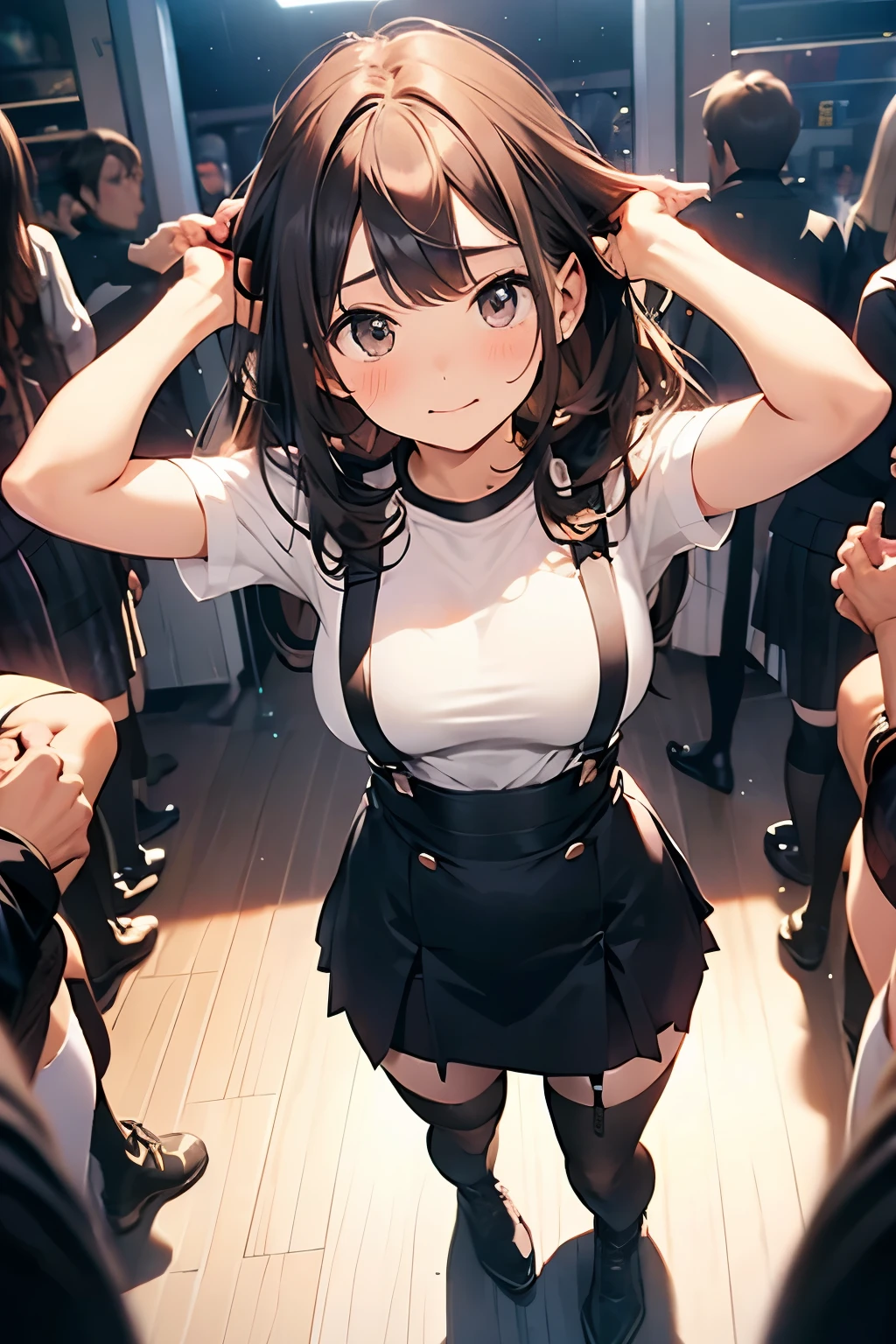 brown hair、looking at the viewer suspenders Bulging big breasts Black miniskirt garter belt knee high socks Gaze small face bangs Beauty hands up Gaze black boots provocation armpit sweat one person put your hands behind your back cutter shirt Panty shot