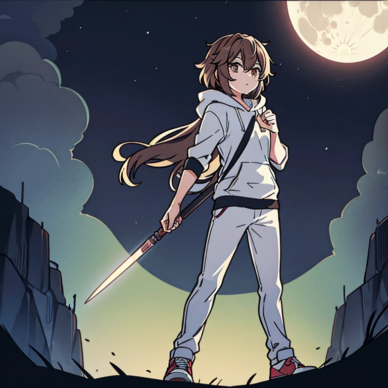 Cross fit body, male, feminine, astolfo like, wolf cut, brown hair, looking into the distance, at the edge of a cliff, full moon, forest behind him, viewer looking from the side, cute black hoodie, sport shoes, very dark, body illuminated by the moon, standing up, hair waving in the air, brown eyes, sharp eyes, alone, beige pants, full body, Only light coming from moon, Looking into the distance, dark