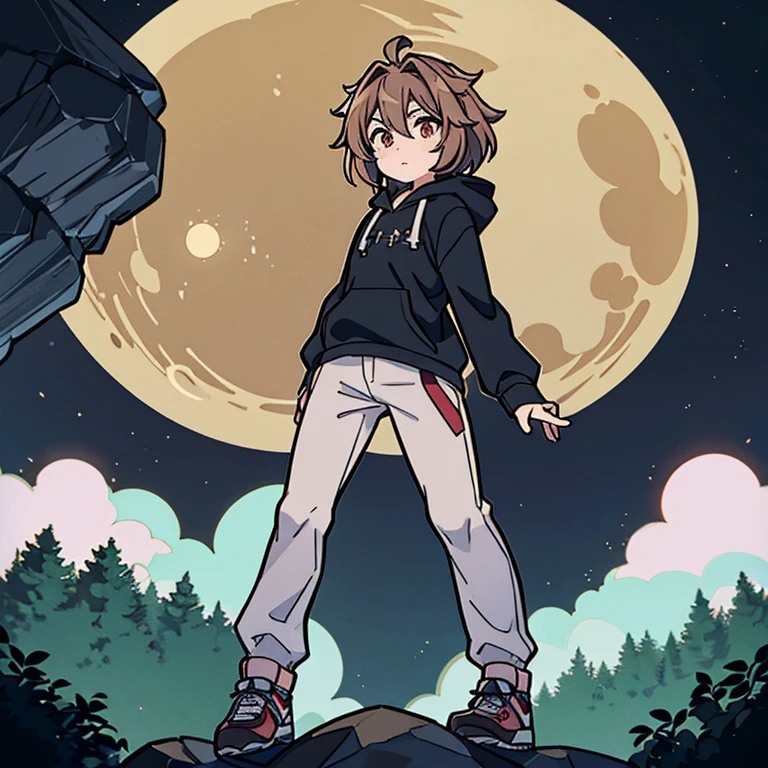 Cross fit body, male, feminine, astolfo like, wolf cut, brown hair, looking into the distance, at the edge of a cliff, full moon, forest behind him, viewer looking from the side, cute black hoodie, sport shoes, very dark, body illuminated by the moon, standing up, hair waving in the air, brown eyes, sharp eyes, alone, beige pants, full body, Only light coming from moon, Looking into the distance, dark