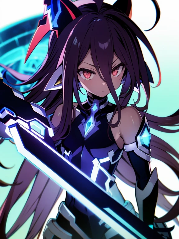 Anime figure, Masterpiece, best quality, highres, amazing quality, flat chested, (male), (8  boy), ((shota)), (Dark skin), cute, red eyes, medium hair with long dark brown hair, black exosuit, black gaunlets, long point headgear, black mecha musume, close up, ((blazblue black murakumo unit armour)) magical boy,