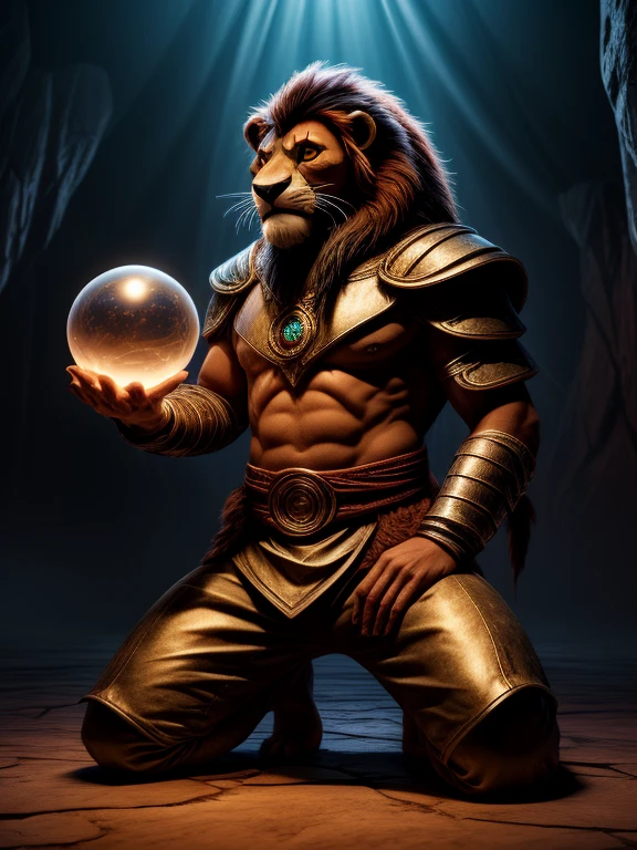 2d portrait, very detailed faces, anatomically correct, furry art, hypnotised barefoot Scar (Lion king) wearing black lather warrior armor, long pants, kneeling in front of large crystal ball, concentrating on a crystal orb with green hypnotic spiral, detailed nice big fox feet paws with short claws, in a trance, drooling, green glow in his eyes, hi res, detailed background, 8k hd,(dark shadows, wide dynamic range, hdr, low light:1.2), （Dynamic angles and pose:1.2)