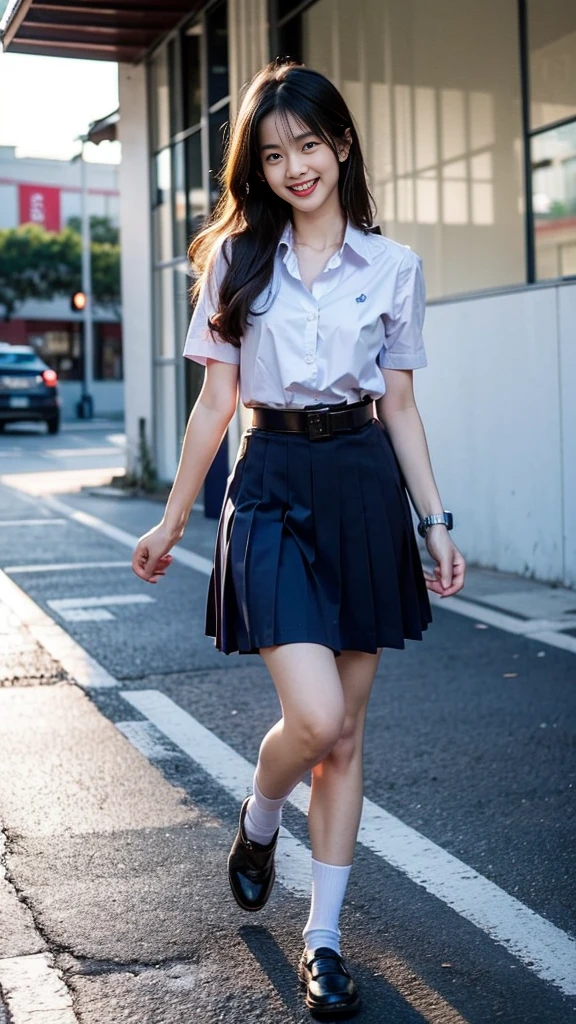 highest resolution, 8K, high definition, (((long hair))), Thai Students, Half Thai, half Japanese, half Korean., Age 18-25 years, Height 173 centimeters, (((stand, walk))), Beautiful face, แต่งBeautiful face, Double eyelids, red lips, smile at the corner of the mouth, beautiful eyes, Beautiful Woman, The texture is realistic., ((Slim white short-sleeved shirt, collar shirt)), ((ปักnameด้วยตัวหนังสือสีน้ำเงินที่หน้าอกเสื้อด้านขวา, name"Phonpitak Rungruangapiwatsakul")), ((School logo symbol on the left chest of the shirt.)), ((big pleated skirt, dark blue, long skirt, Close your legs completely.)), ((Navy blue skirt, พร้อมbeltผู้หญิง)), ((Huge breasts, Breast augmentation)), ((Symmetrical shape, sexy figure)), ((Thin, slim, small waist)), ((Black elementary school student shoes, Short white socks, Put on a watch, belt)), (((full body, Look at every part of the body.))), background, balcony in front of building, building, buildingเรียน