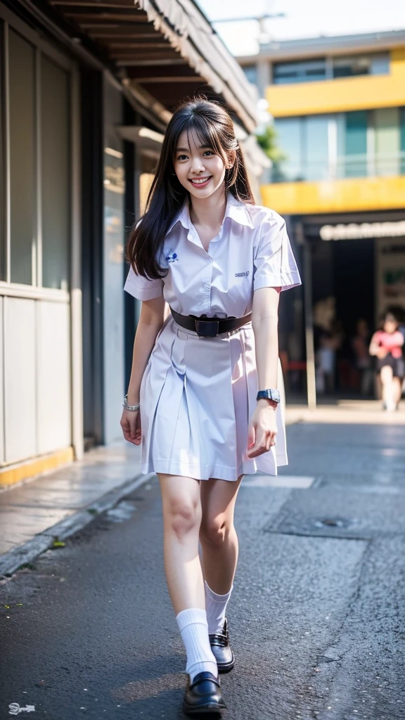 highest resolution, 8K, high definition, (((long hair))), Thai Students, Half Thai, half Japanese, half Korean., Age 18-25 years, Height 173 centimeters, (((stand, walk))), Beautiful face, แต่งBeautiful face, Double eyelids, red lips, smile at the corner of the mouth, beautiful eyes, Beautiful Woman, The texture is realistic., ((Slim white short-sleeved shirt, collar shirt)), ((ปักnameด้วยตัวหนังสือสีน้ำเงินที่หน้าอกเสื้อด้านขวา, name"Phonpitak Rungruangapiwatsakul")), ((School logo symbol on the left chest of the shirt.)), ((big pleated skirt, dark blue, long skirt, Close your legs completely.)), ((Navy blue skirt, พร้อมbeltผู้หญิง)), ((Huge breasts, Breast augmentation)), ((Symmetrical shape, sexy figure)), ((Thin, slim, small waist)), ((Black shoes, Short white socks, Put on a watch, belt)), (((full body, Look at every part of the body.))), background, balcony in front of building, building, buildingเรียน