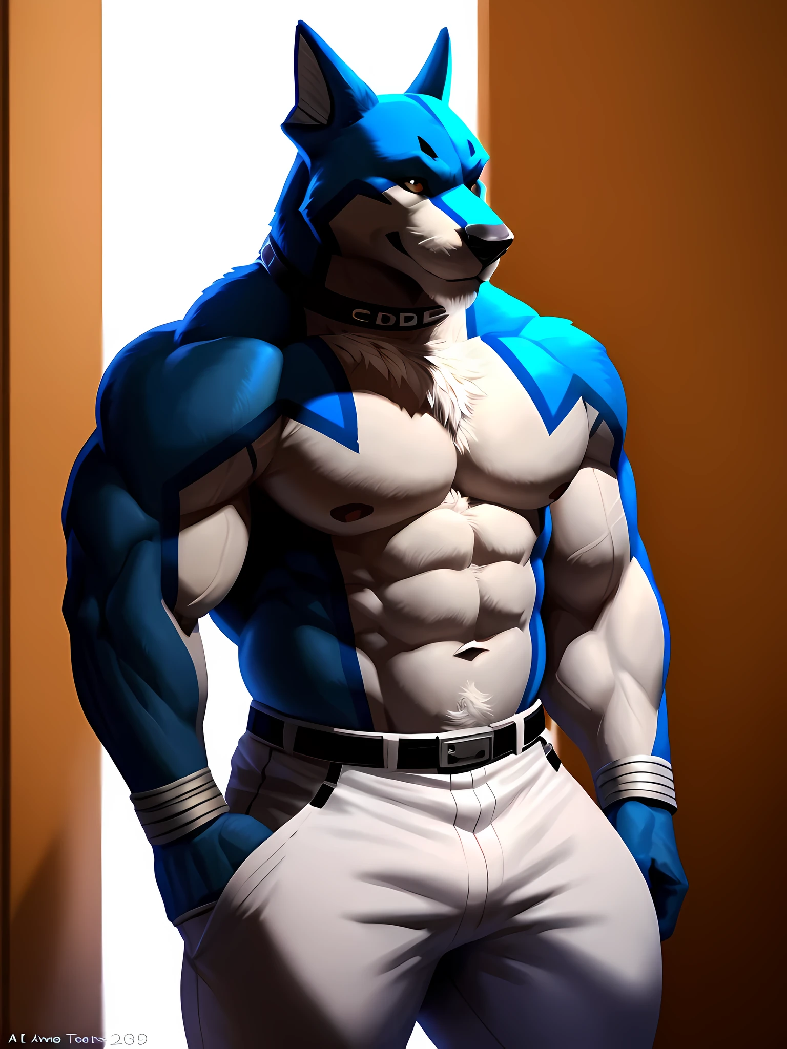 doggiekruger, blue fur, 4k, high resolution, best quality, posted on e621, solo, male, masculine, matured, gruff smile, muscular, (white background, no background:1.2), (by taran fiddler, by wfa, by traver009:1.0), (detailed face, detailed eyes:1.1), brown eyes, (cel shaded:1.2), cartoony shading, comic color style, belt, sporty pants, collar, front view, half body, looking at camera