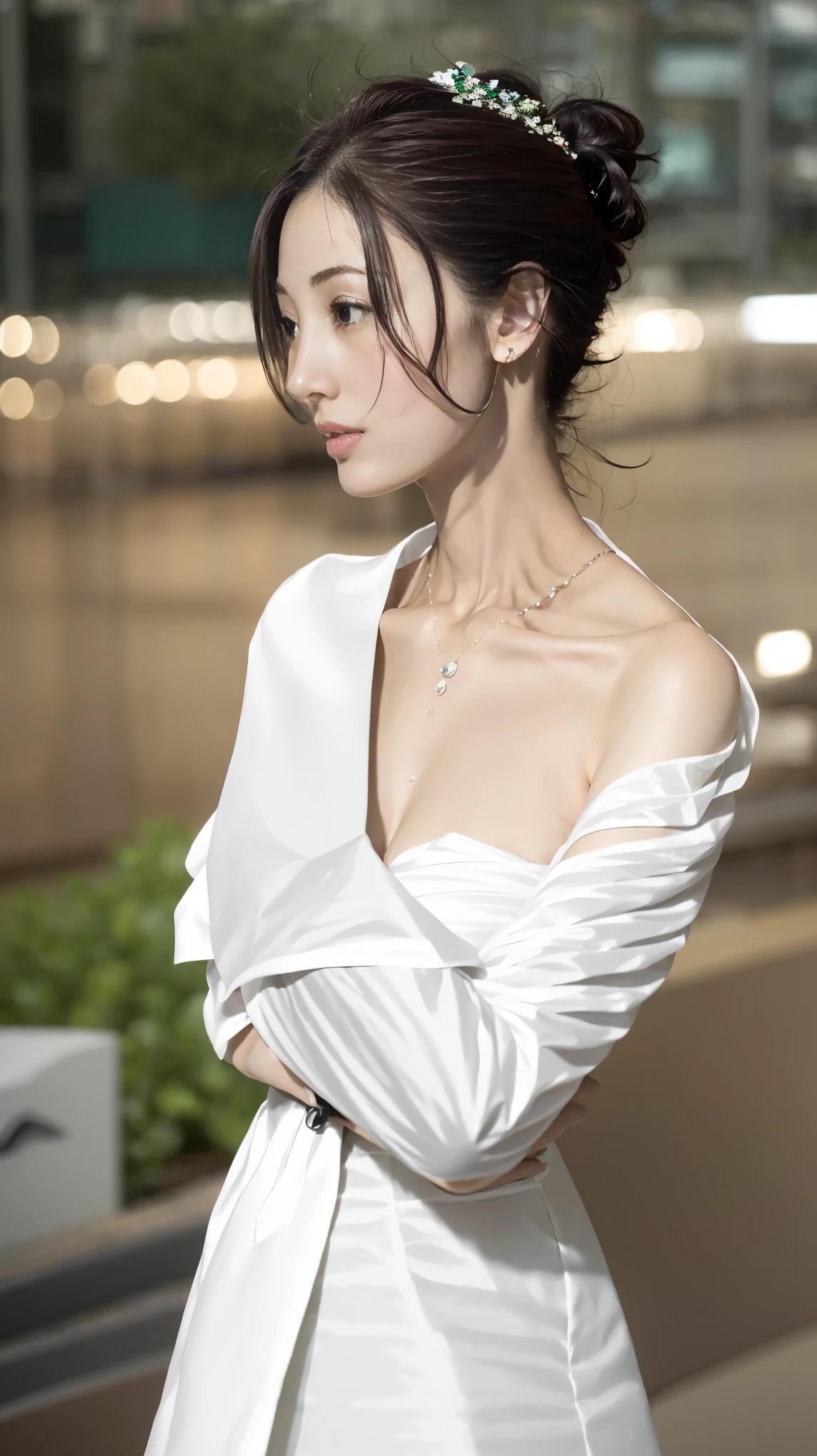 ((adilin))、casual posture、(Extremely exquisite and beautiful work)、(​Masterpiece)、a girl、Sophisticated and elegant wedding dress、Tira、very detailed、contorted ponytail、a charming expression、beautiful and clear eyes、Green eyes、exquisite necklace、exquisite earrings、simple blurr background、Extremely detailed description、beautiful turd、a charming、Ultra-fine painting、delicate face、Exquisite figure、Thin collarbone、beautiful lips、soft rear view、Mix 4、(8k、original photography、top quality、​Masterpiece:1.2), (realistic, Realism:1.37),1 girl in,Lovely,city View, night, rain, wet, professional lighting, photon mapping, radio city, Physically based rendering, above waist、nogizaka idol、korean idol、Posing a gravure idol、actor、
