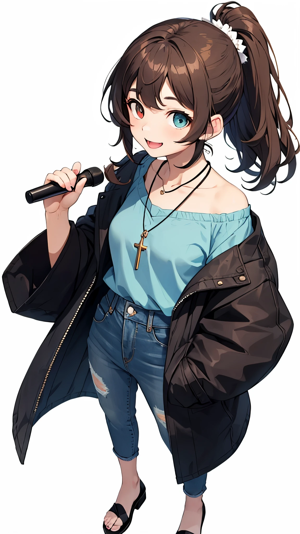 white background、Empty background、(high quality, Breathtaking),(expressive eyes, perfect face) Full body shot, 1 girl, girl smiling from the front、woman gives blowjob, solo, odd eye, Heterochromia - left eye is brown、The right eye is light blue.open your mouth wide、Era: late 20s, brown hair, ,ponytail, gentle smile, Loose hair, side bangs, Looking at Viewer, People photography, A happy expression, modern clothes, V neck short sleeve blue shirt, flowing blouse, black off shoulder coat, jeans, small necklace, It's elegant, middle age, Height 5"6,