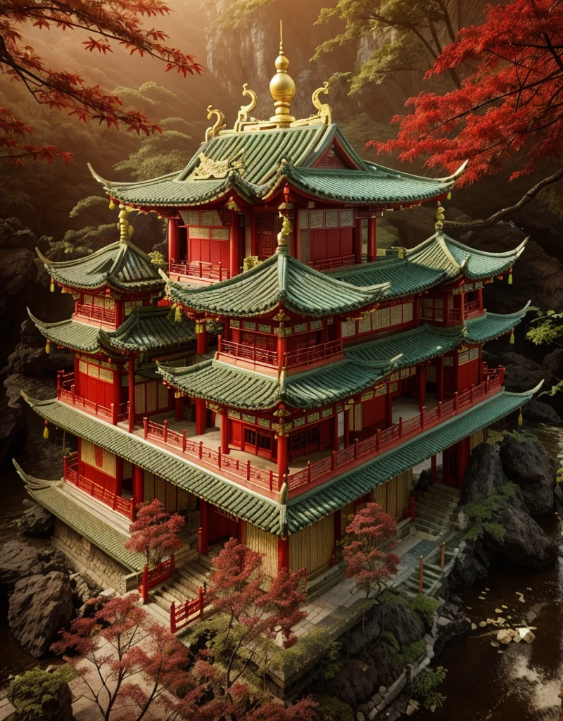 chinese wooden pagoda, stone chair, green stone step, two beautiful flower rows in front of the pagoda, red leaf tree