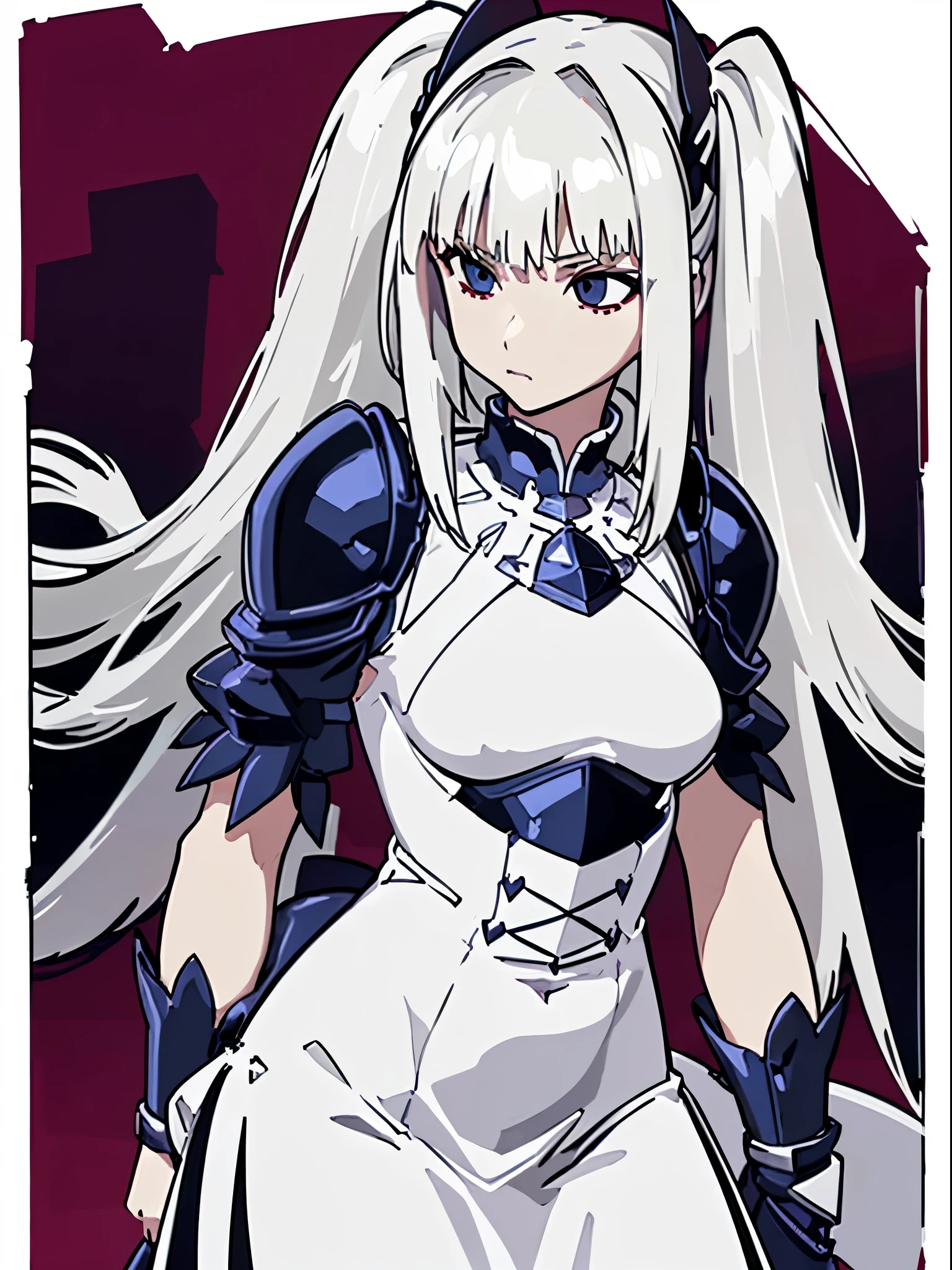 ((White background)),Elder sister,mature women.,Goth Maiden,((Flat Chest)),((Chest Armor)),Upper Body Armor,Knight's armor,Long white hair,(White hair),(White hair),Alone,((A person)),((Thick line style))